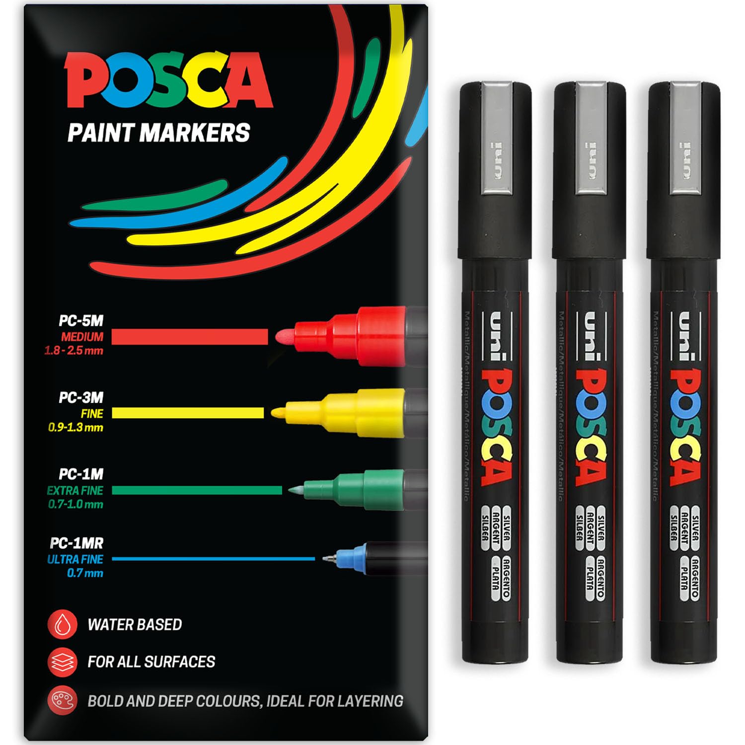 Posca Water Based Acrylic Paint Marker Pens | Multi Surface Use Permanent Paint Pen | Pack of 3 Pens in Envelope Gift Packaging | Glass, Fabric, Canvas, Wood etc | PC-5M, Silver