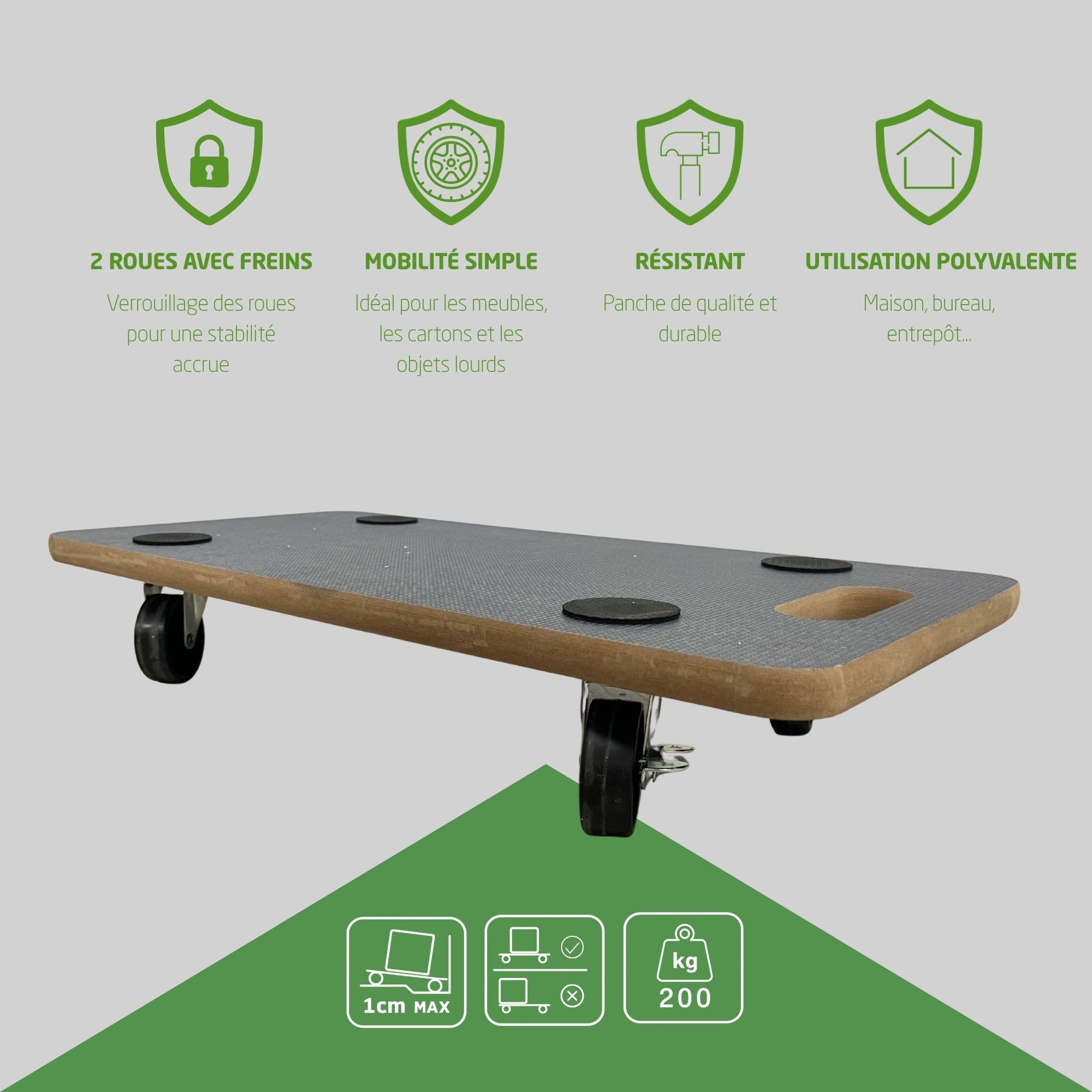 Amig - Plateforme de Charge avec Roues | Support Roulant Rectangulaire | 4 Tapis antidérapants | 58 x 29 cm | Charge Max.: 200 kg | 4 Roues: 2 avec Frein | MDF | Certifié FSC | Noir