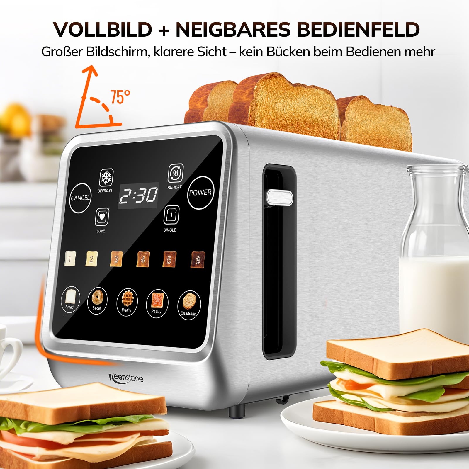 Keenstone Toaster 4 Scheiben, LED Display Touchscreen mit Memory-Funktion, Single-Slice-Technologie, Timer, Auftau- & Aufwärmfunktion, 6 Bräunungsstufen, 5 Brotprogramme, Krümelschublade, Edelstahl