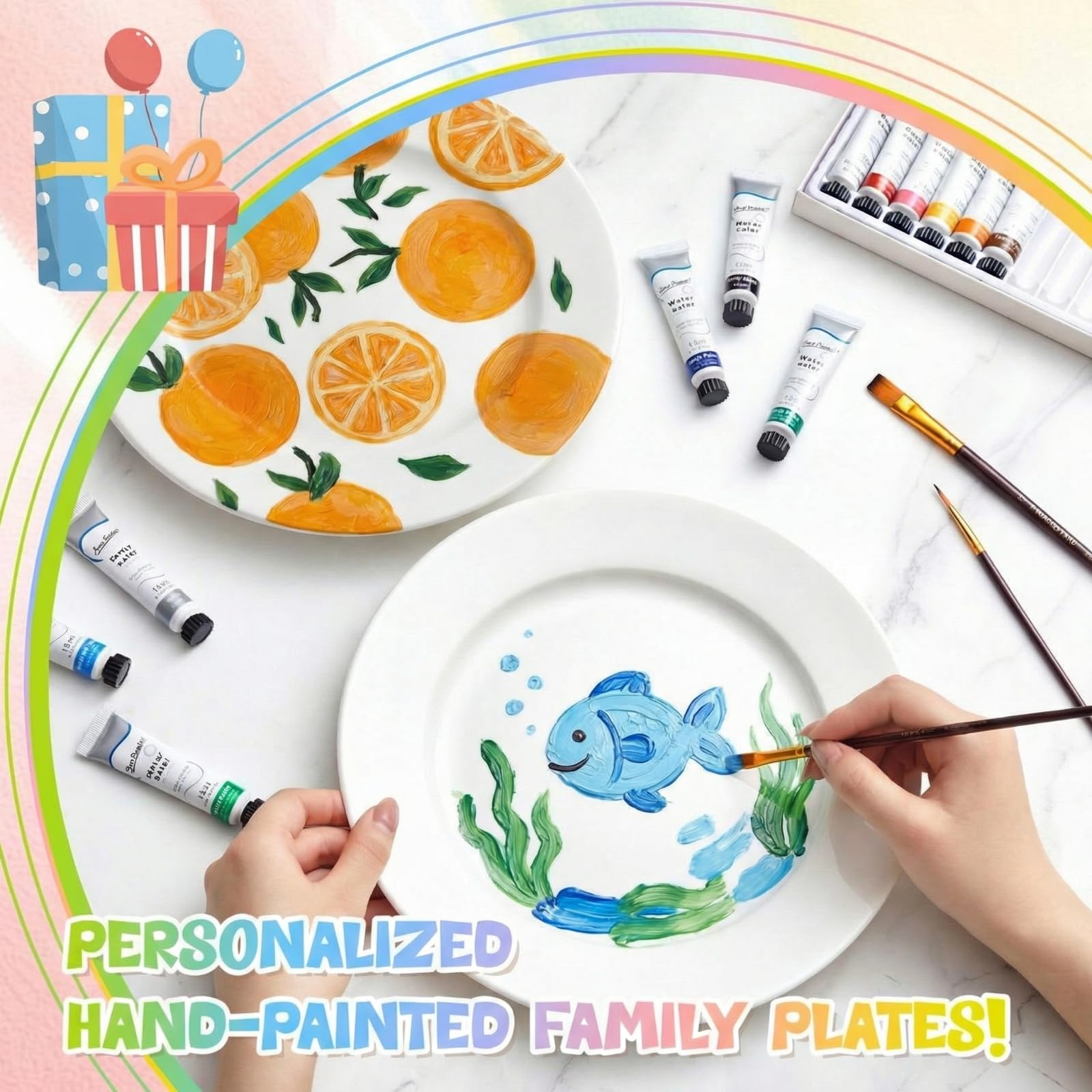 Sinmoe Kit para Pintar Tus Propios Platos de Cerámica Incluye 4 Platos de Porcelana 3 Pinceles 12 Pinturas Acrílicas 1 Caja de Regalo 1 Paleta para Pintar DIY(10 Pulgadas,Eco-chic,4 Piezas)