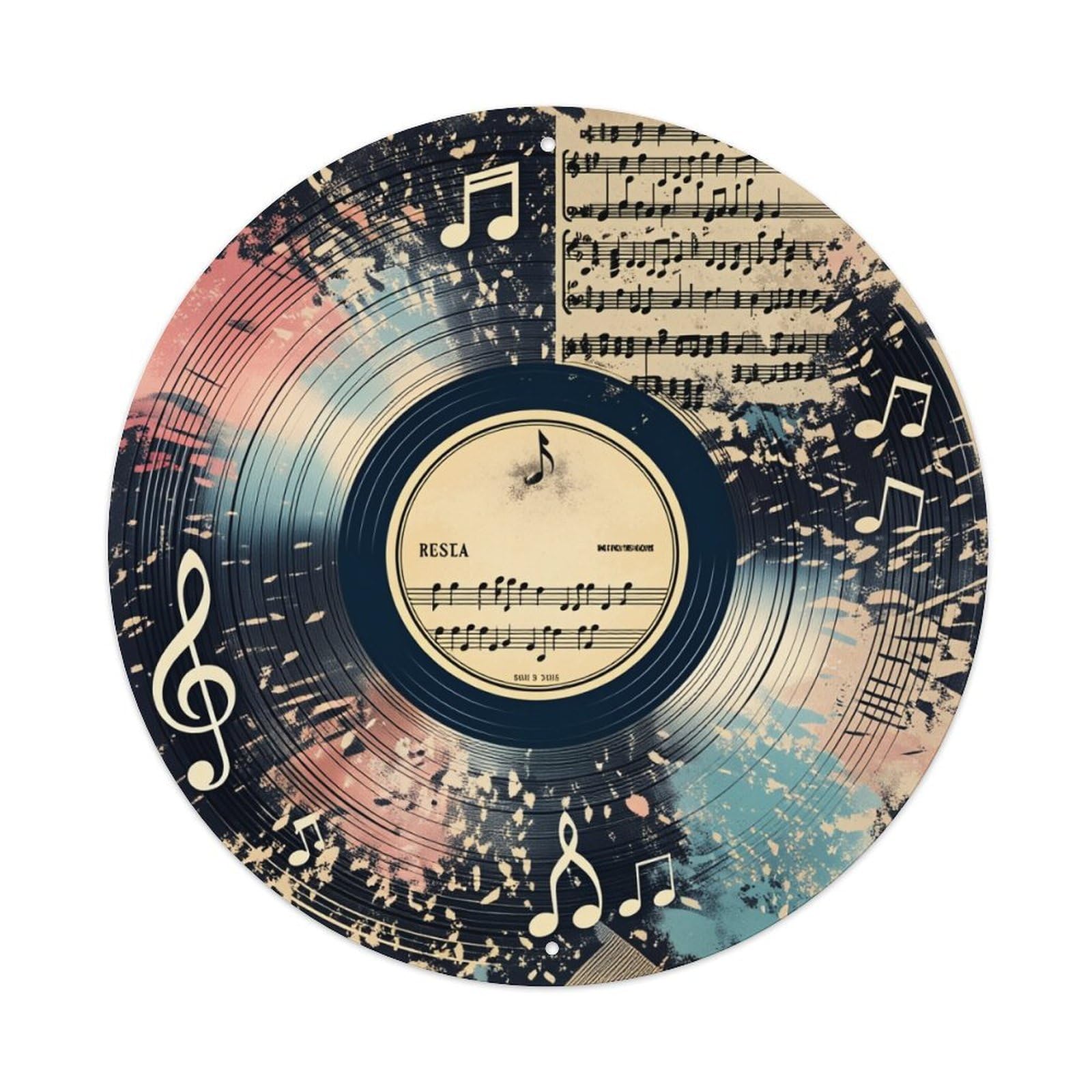 Music Notes Vinyl Record Art Design Pattern Round Vintage Tin Sign,Retro Wall Art,Metal Poster for Home, Bar, Garage, Cafe, Rustic Indoor & Outdoor Decor, 8x8 Inches