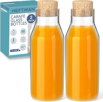 HEFTMAN Carafe Glass Bottle - 1.5 Litre Glass Bottle with Cork Lid, Clear Water Carafe for Hot & Cold Beverages, Reusable Fabric Softener Jars, Laundry Detergent Storage Bottle with Stopper 2 Pack