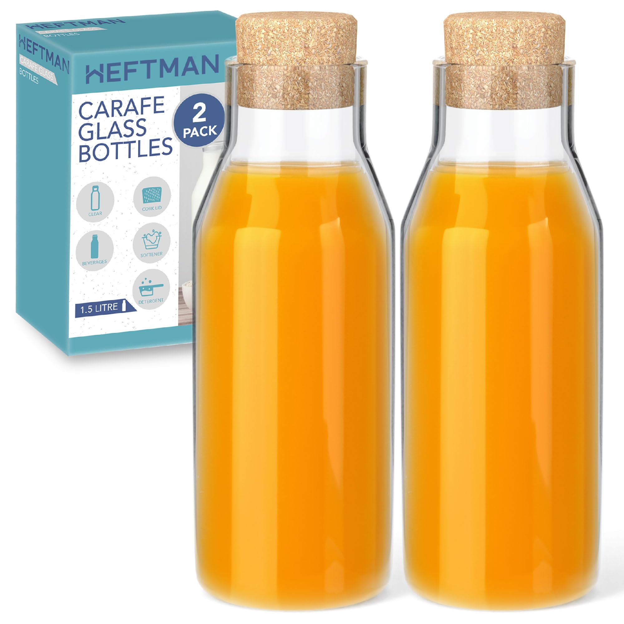 Heftman Clear Carafe Glass Bottle - 1.5 Litre Glass Bottle With Cork Lid, Water Carafe For Hot & Cold Beverages, Reusable Fabric Softener Jars, Laundry Detergent Storage Bottle With Stopper (2 Pack)