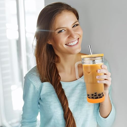 Miniatura 6 de AiHeart Vaso de vidrio de 24 onzas con asa, 4 tazas de vidrio con tapas de bambú, popotes y posavasos de silicona, vasos para beber, tarro Mason de