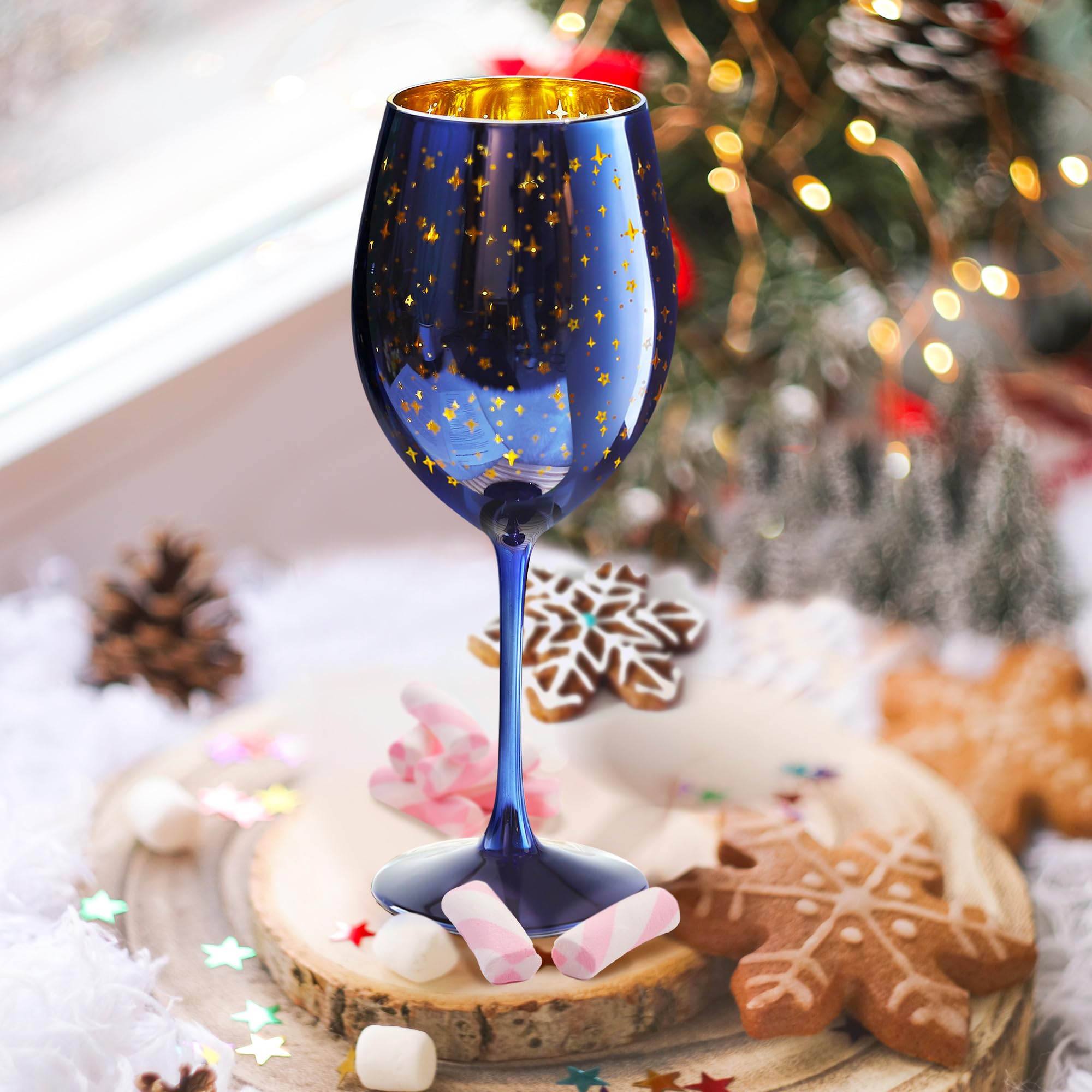 Copas De Vino Sin Tallo Azules Con Estrellas Doradas - Sopladas A Mano, 540 Ml (18 Oz), Pack De 2