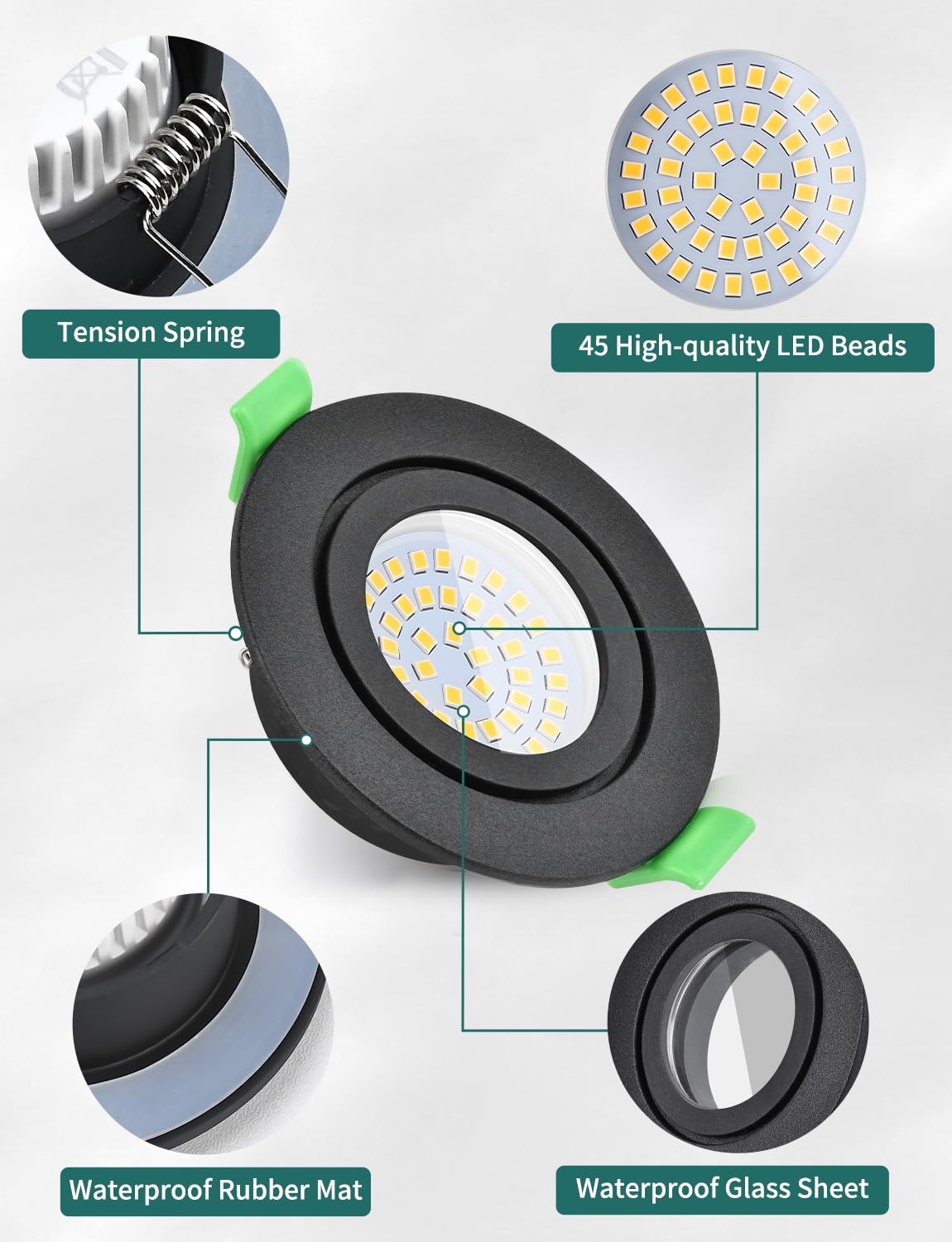 KYOTECH Downlight LED Techo Empotrable Regulable 65-75mm Extraplano Foco Empotrable LED Techo 5W IP65 Ojos de Buey Blanco Neutro 4000K Focos Interior para Baños, Negro 6 Pack (No Rotatorio)