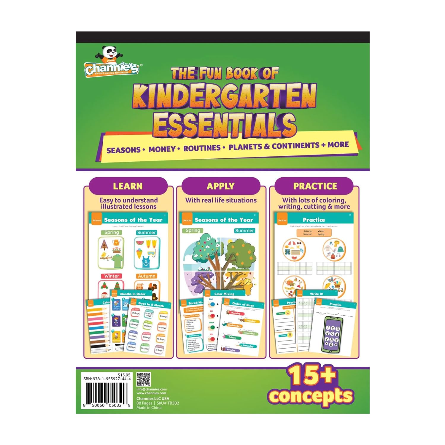 Channie's Libros de trabajo esenciales para el jardín de infantes, libro de actividades para niños de aprendizaje temprano, escritura a mano, números, colores, rutinas diarias y más, libros de trabajo
