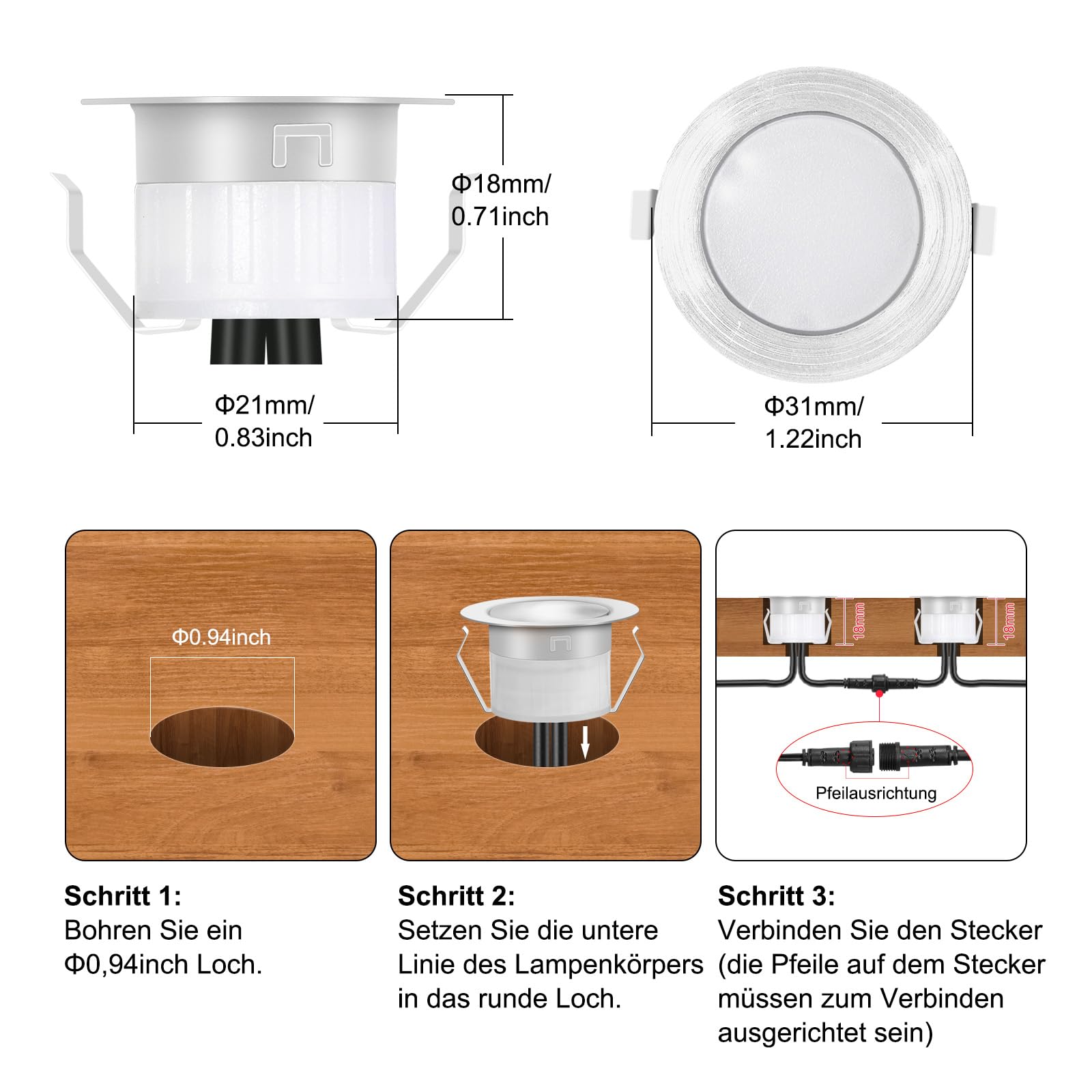10er WiFi RGBWW Led Bodeneinbauleuchten Terrassenbeleuchtung Bodenstrahler Arbeitet mit Alexa,DC12V Ø31mm LED Einbaustrahler 0.6W LED Boden WiFi Wireless Smart bodeneinbaustrahler