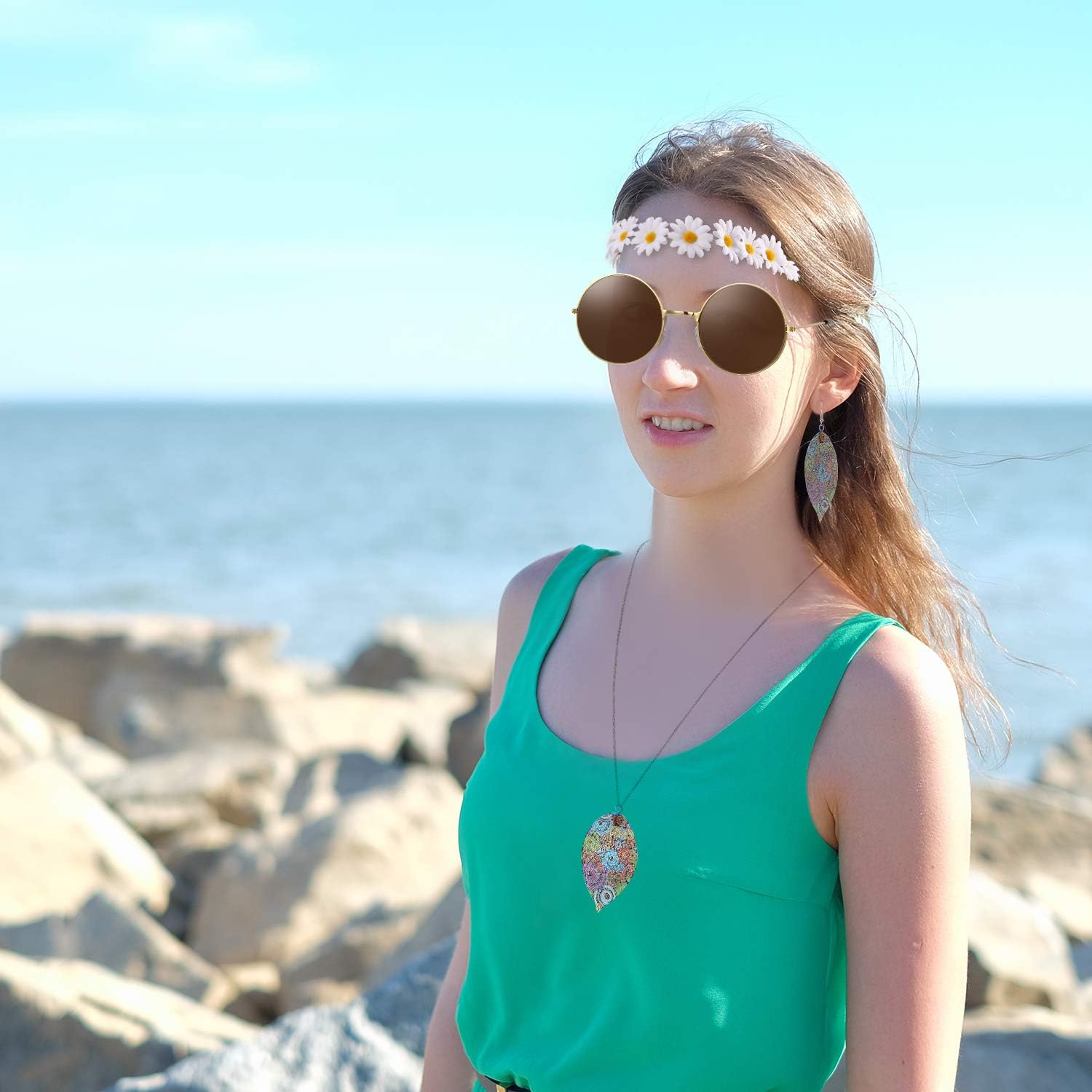 Hicarer 4 Pieces Hippie Costume Set Include Sunglasses, Headband, Hollow Leaves Necklace and Earring 70s Hippie Accessories - Image 3