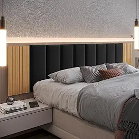Kit Cabeceira Cama Box Casal Estofada Com Ripado Mdf Freijó (Preto/Freijó, Queen)