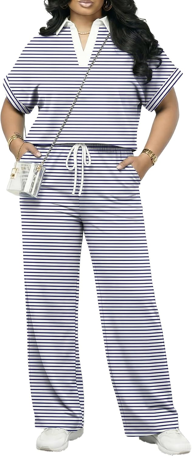 HBQ Women's 2 Piece Outfits Polo Collar Short Sleeve Crop Top and Wide Leg Pants Set Casual Tracksuit Lounge Wear