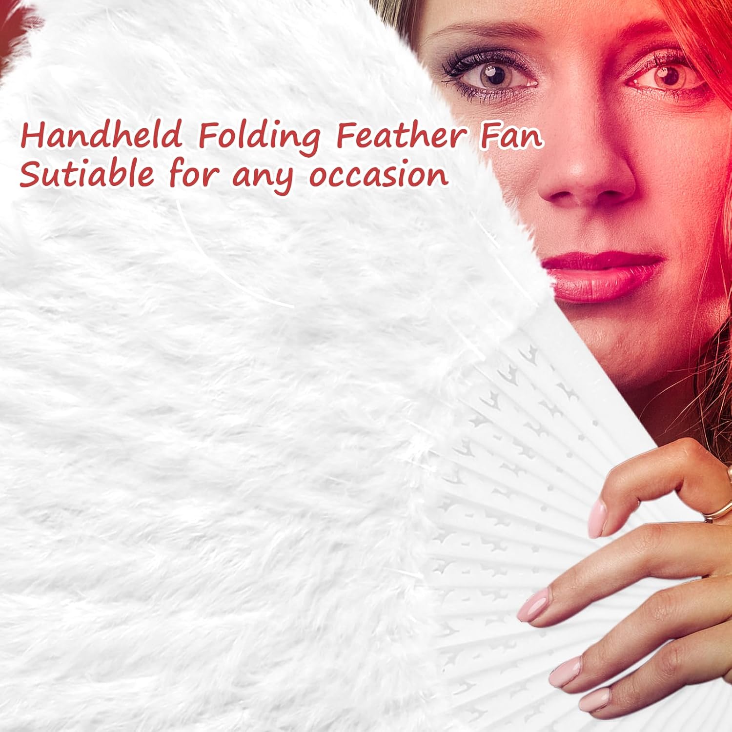 Feather Hand Fan, 1921s Vintage Style Marabou Feather Fan, Folding Handheld Feather Fan for Costume Show Dress Dance Party Wedding Photoshoot(Large White)