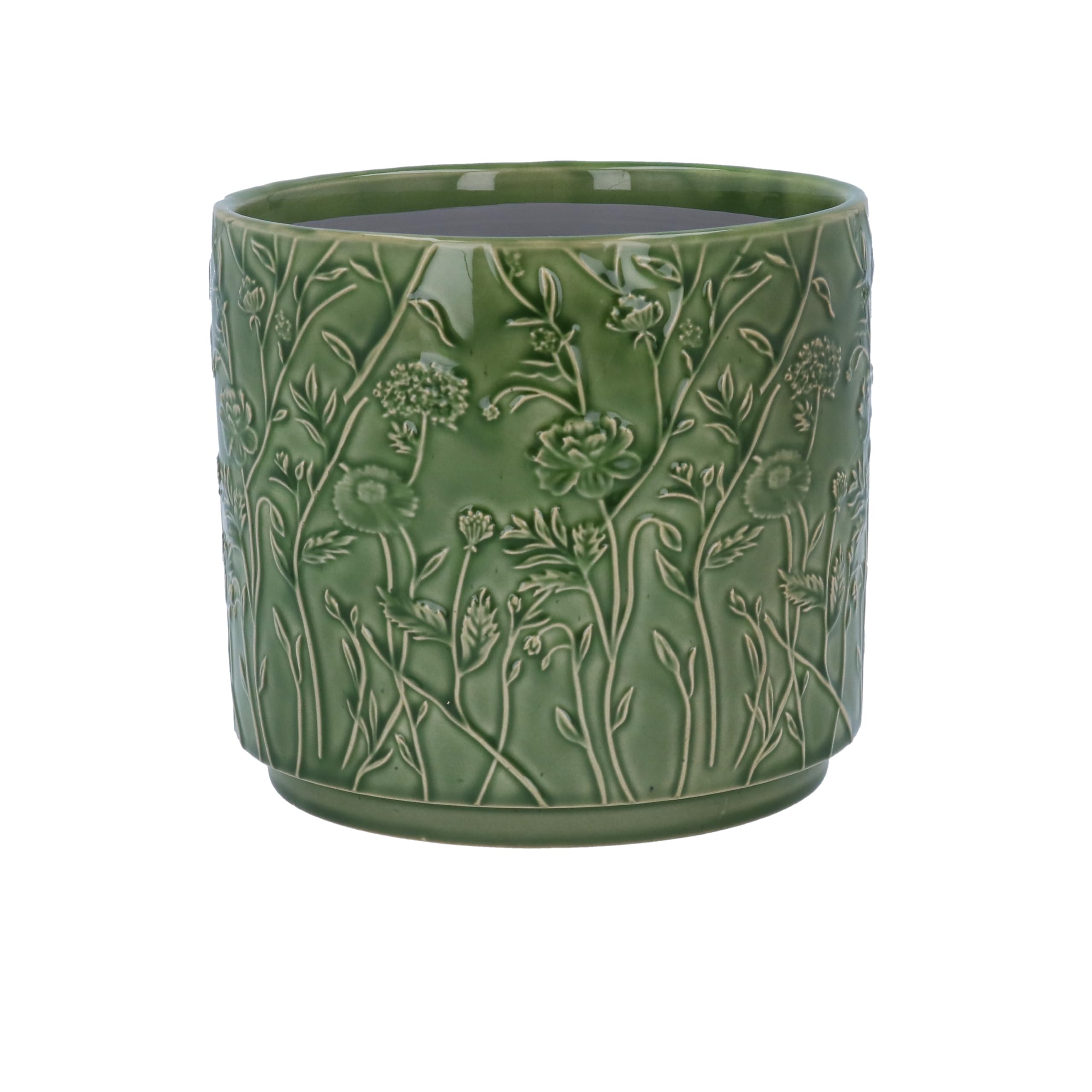 Gisela Graham Green Stoneware Plant Pot Cover, Blooms Pattern, 14cm x 12.5cm