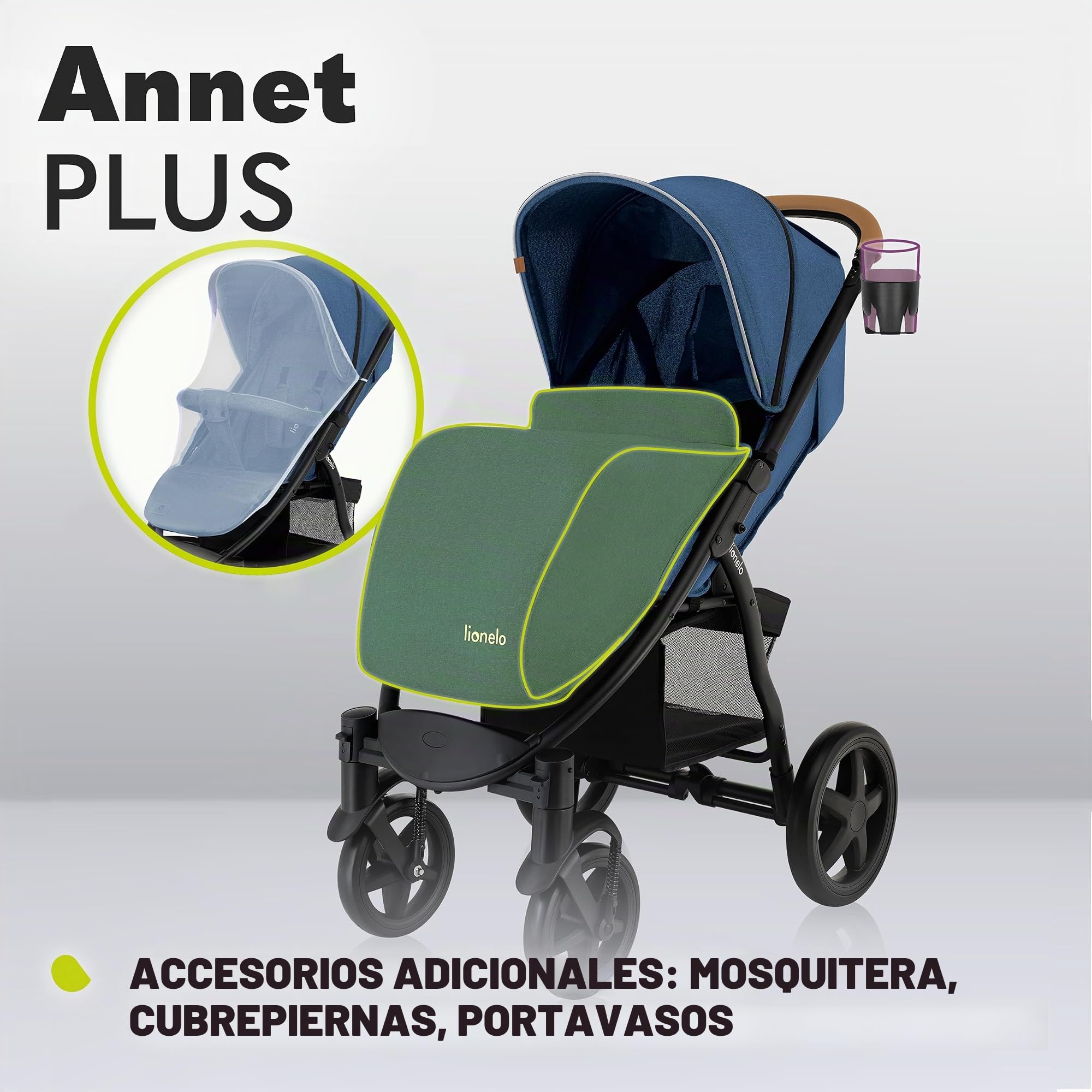 LIONELO Annet Plus - Cochecito desde el nacimiento hasta 22 kg ligero y plegable con respaldo reclinable hasta posición acostada, ruedas de espuma EVA, mosquitera, manta para pies, soporte para