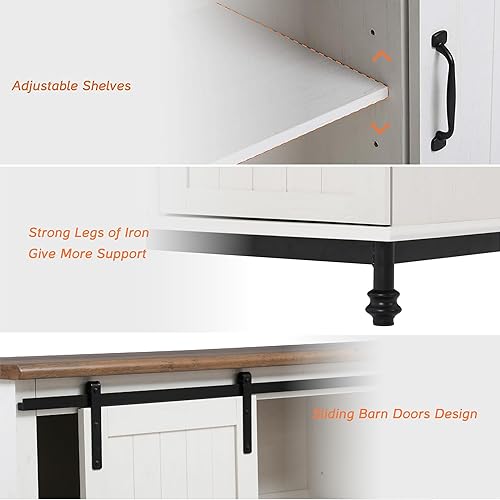 Miniatura 5 de WAMPAT Armario de barra de café de granja con puerta corrediza de granero, armario de buffet de madera con estante ajustable y pata de metal,