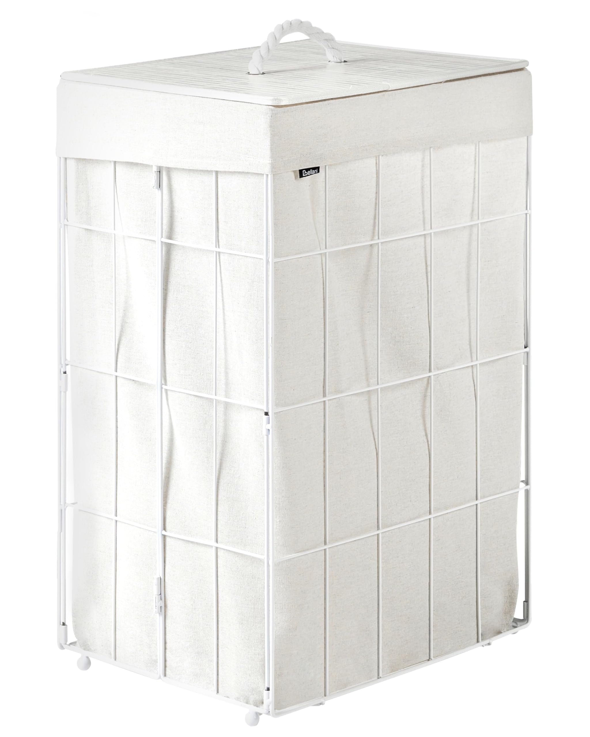 Cesto portabiancheria pieghevole con coperchio in bambù struttura in metallo e rivestimento in tessuto 72 l bianco per bagno