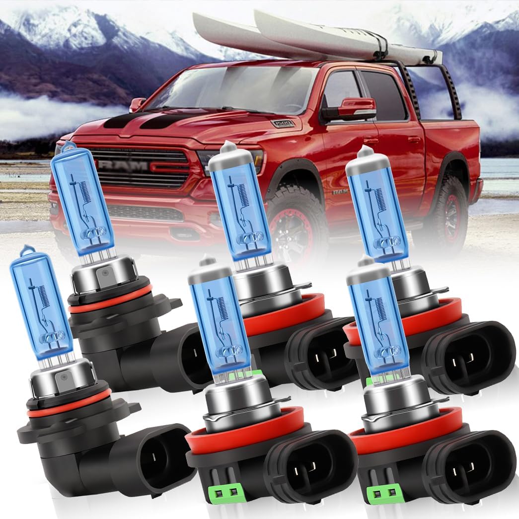 Halogen Headlight Bulbs Fit for Toyota Highlander 2014-2019,9005 High Beam H11 Low Beam H11 Fog Lights,100W Head Lighting 300% Brightness 6000K,Pack of 6 (For Dodge RAM 1500 2019-2023)