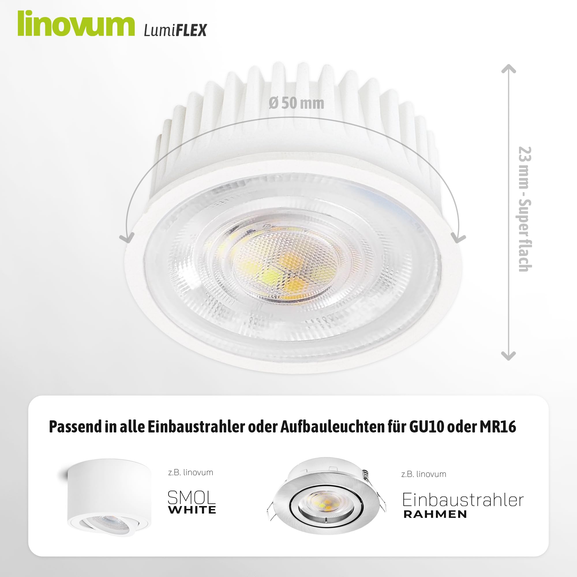 linovum LED Modul lumiFLEX 4W mit einstellbarer Lichtfarbe CCT Warmweiß 2700K Naturalweiß 4000K Kaltweiß 6500K - Ersatz für GU10 / MR16