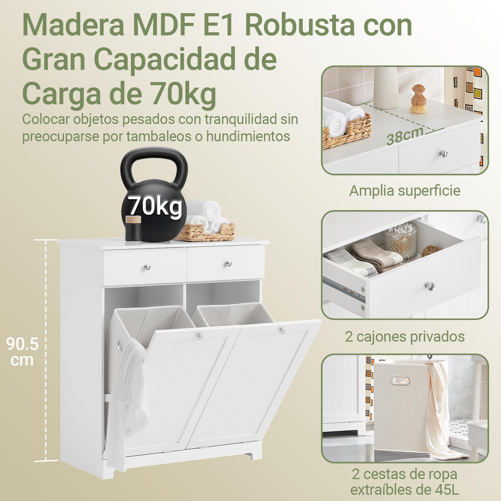 SoBuy Mueble Ropa Sucia con 2 Cestos Abatibles Y 2 Cajones, 78x38x90 Cm | 2 cestos abatibles extraíbles de 90 L y 2 cajones para separar la ropa sucia de toda la familia. Blanco. BZR33-II-W