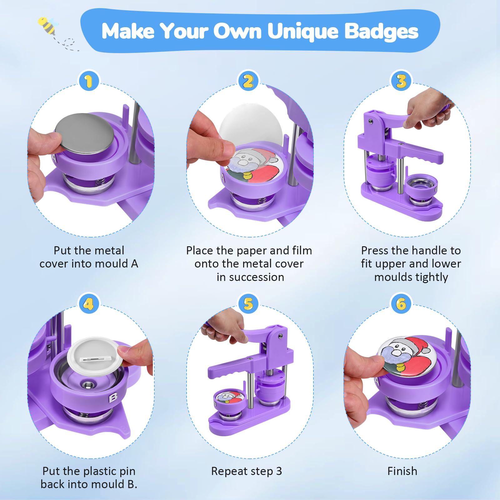 Machine à Badges de 25+32+58 mm, Button Maker 300 Ensembles de Badges en Plastique, Zimiking Machine de Pressage de Badges avec 10 Décapsuleurs, 10 Porte-clés, Moules et Découpe-Papiers Ronds (Violet)