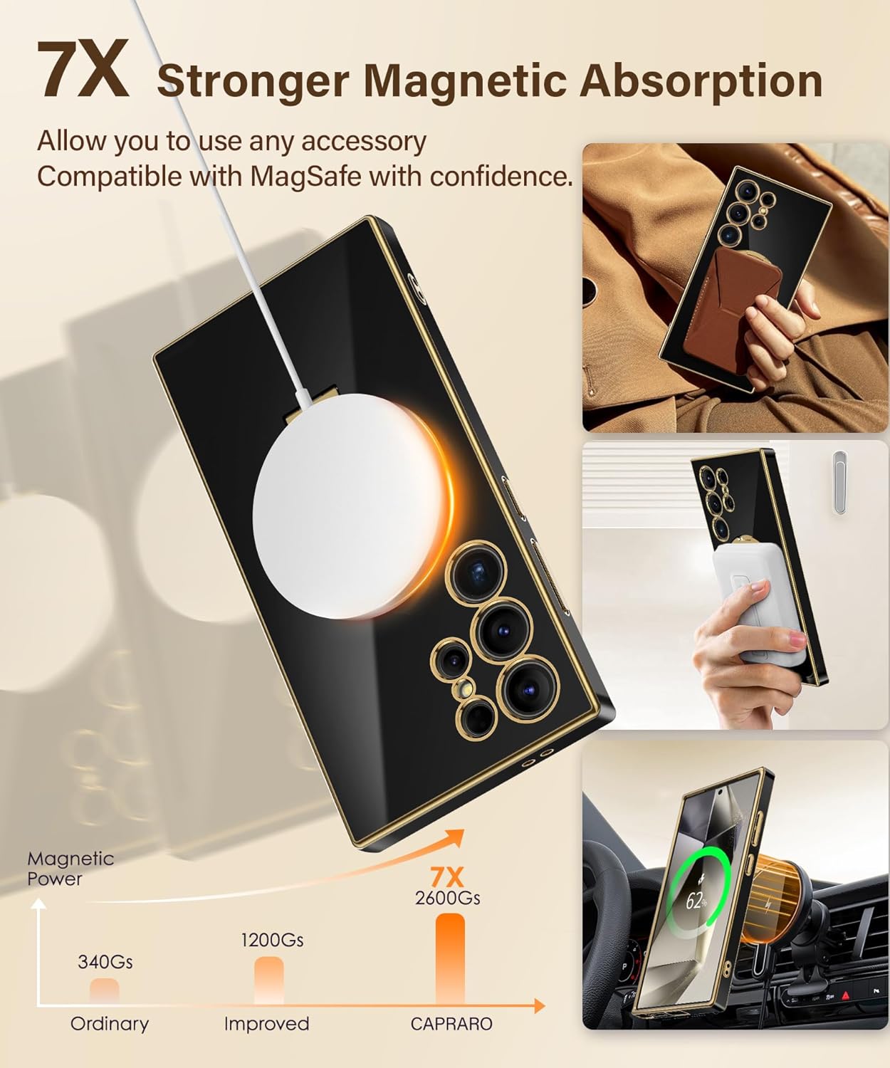 CAPRARO for Samsung Galaxy S24 Ultra Case with Magnetic Ring Stand,[Compatible with MagSafe][Military Drop Protection] Shockproof Protective Slim Phone Case for S24 Ultra, Black