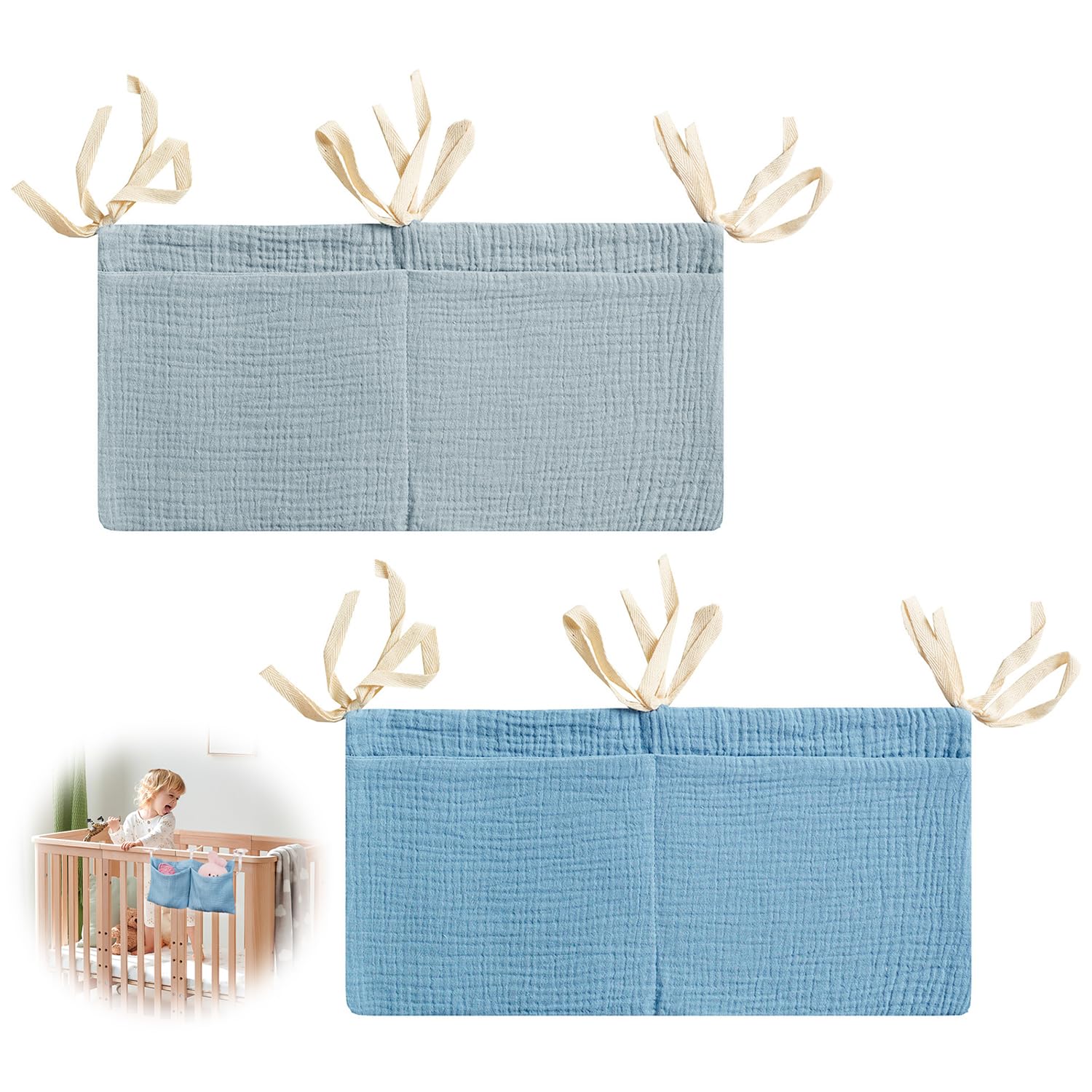 2 Stcke Babybett Organizer Wickeltisch Aufbewahrungstasche Zum Aufhngen   Reine Baumwolle Grn+Grau