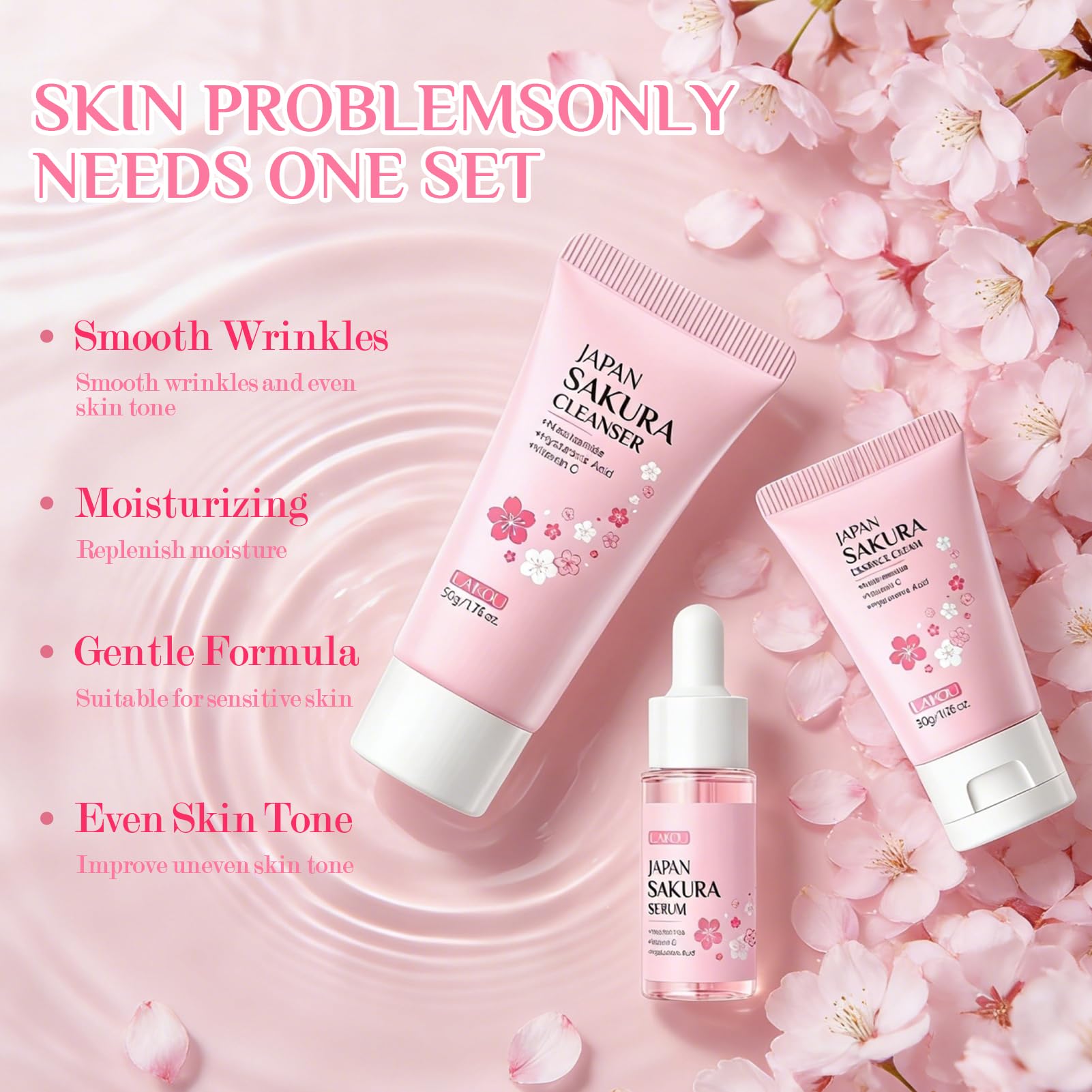 Sakura Ensemble de Soins de la Peau, Trousse de voyage avec Crème Nettoyante, Toner, Sérum, Set de Soins Hydratants, Coffret Cadeau de Soins de la Peau pour Adolescentes et Femmes