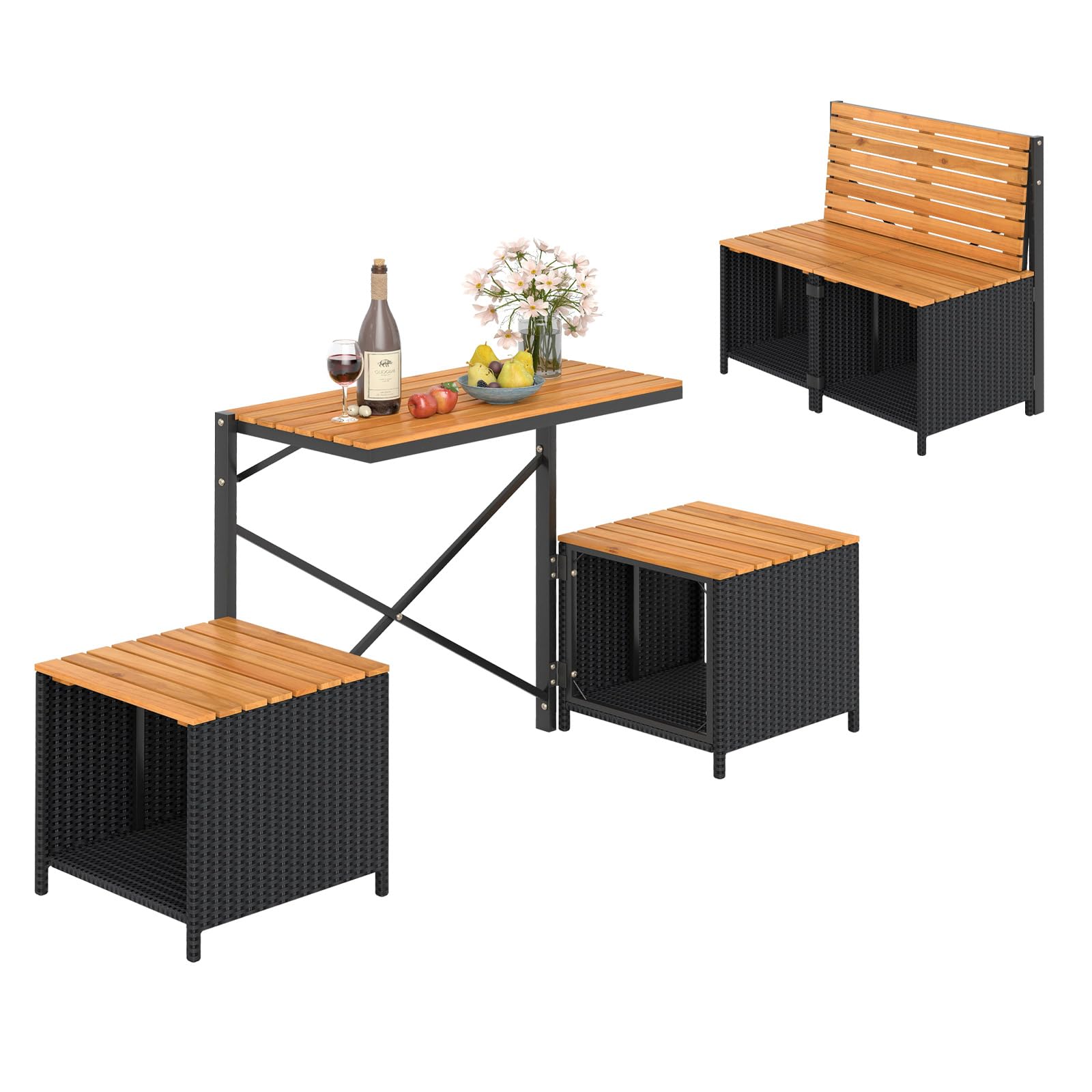 LIFEZEAL Set Salotto da Giardino 2 in 1 Versatile (Nero+Naturale) | Tavolo, 2 Sedie Contenitore in Rattan e Legno di Acacia, Convertibili in Panchina, Portata 360 kg, per Terrazza, Balcone