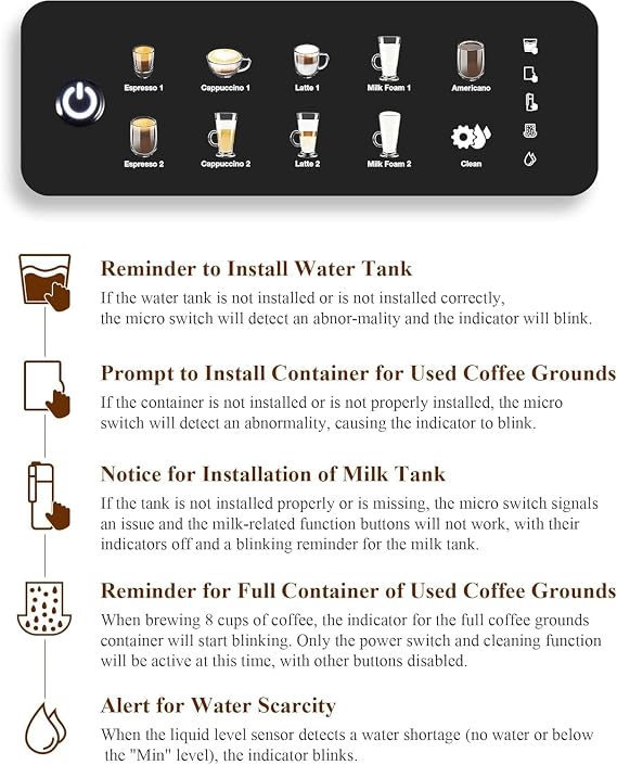 Chef Robot Automatic Espresso Machine Coffee Maker 12 Cup with Milk Frother | Cappuccino Latte Americano Machine with Grinder for Home/Office (Gray)