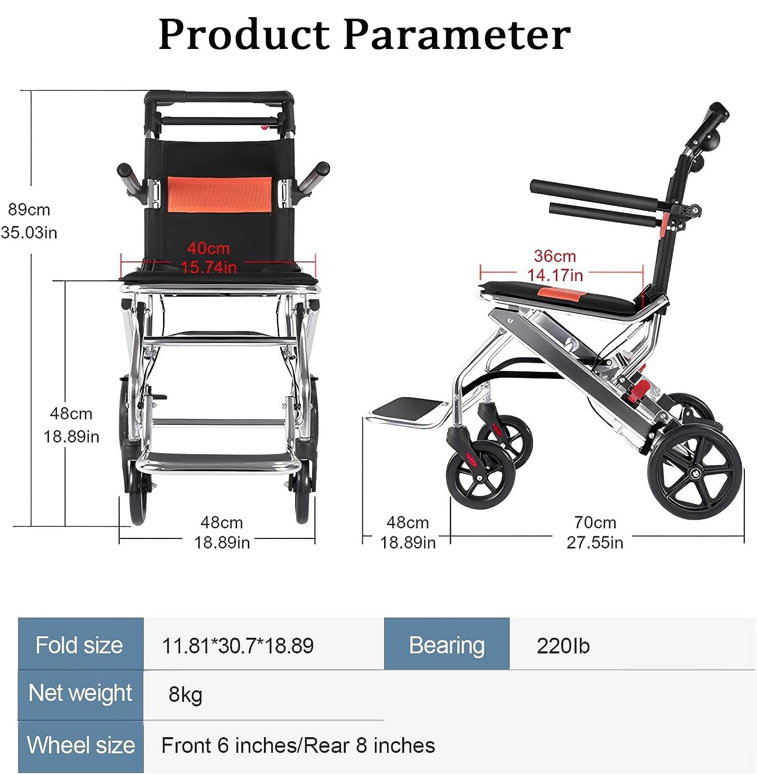 Silla ruedas Aluminio plegable ligero Soporte para silla ruedas autopropulsada aluminio plegable 220 libras, silla ruedas para adultos, silla ruedas tránsito plegable ultraligera con frenos mano