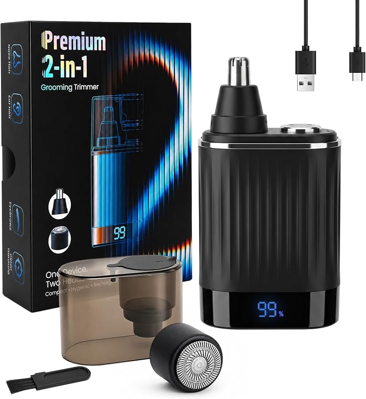 Aparador 2 em 1 Yunmiss para pelos do nariz e rosto, visor LED, recarregável via USB-C, IPX7, preto