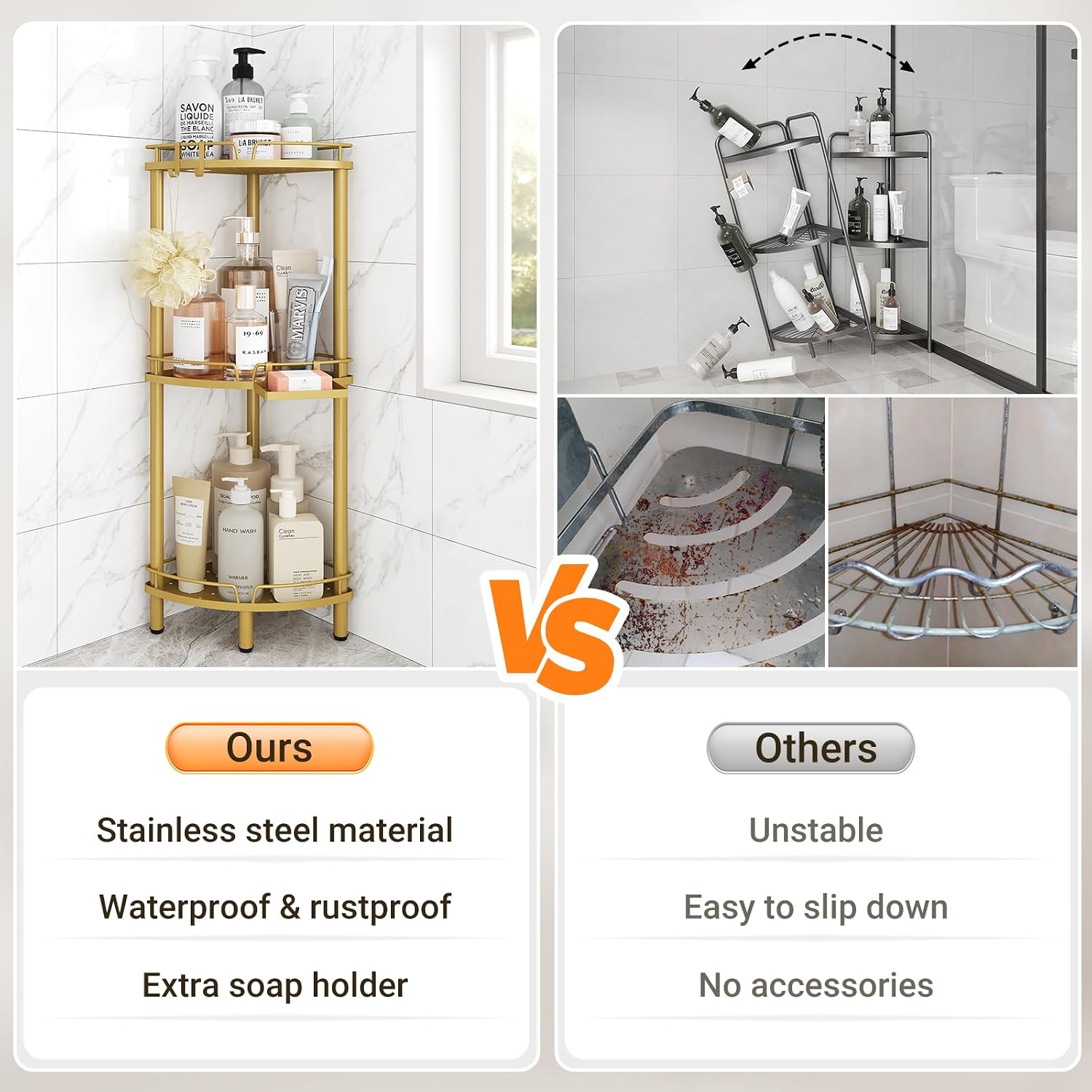 ELYKEN Corner Shower Caddy Standing, 3 Tier Metal Shower Organizer, Gold | Stainless Steel Shower Shelves with Soap Holder, Adjustable Feet & 2 Hooks for Storing Bath Essentials in Bathroom corner