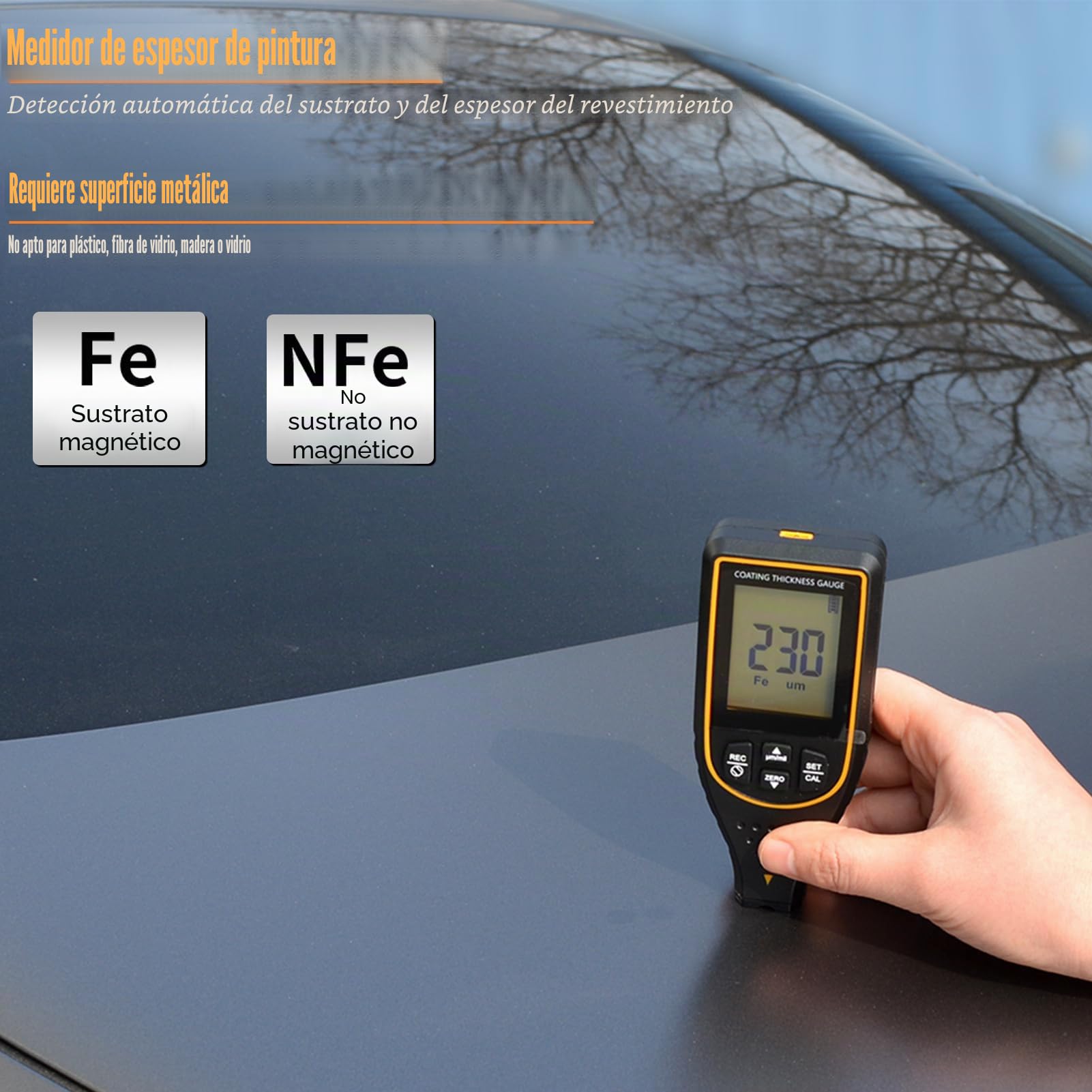 Medidor de Espesor de Pintura para Coches, Medidor Digital 0–2999 μm con Alarma de Límite y Pantalla Giratoria
