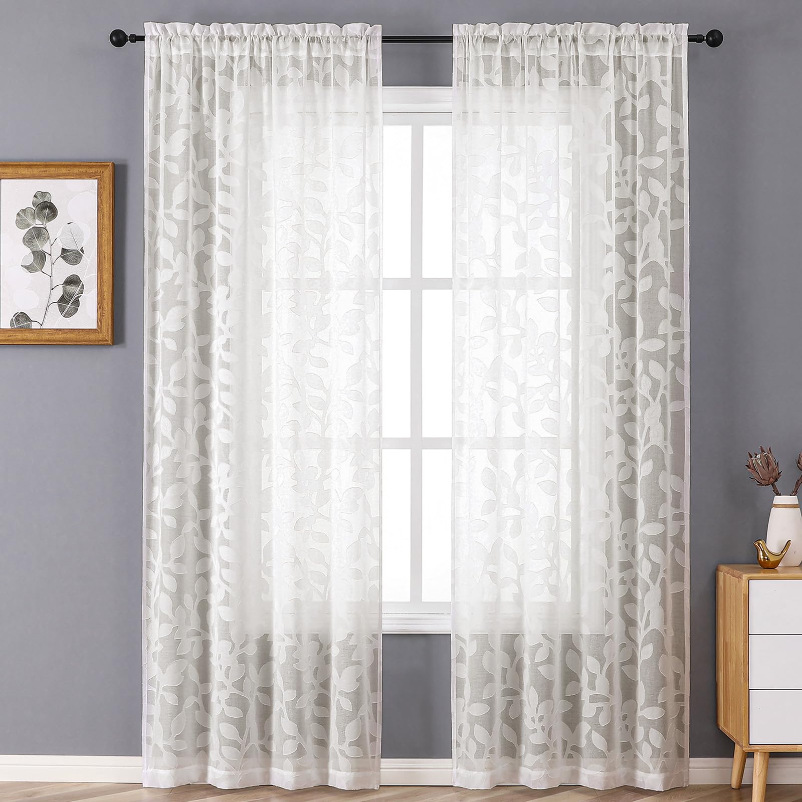 OVZME Ivory Sheer Curtains 84 inches Long 2 Panels for Living Room, Jacquard Clip Leaf Pattern Textured Light Filtering Window Semi Sheer Voile Drapes for Bedroom, Each Panel 42 x 84 Inch