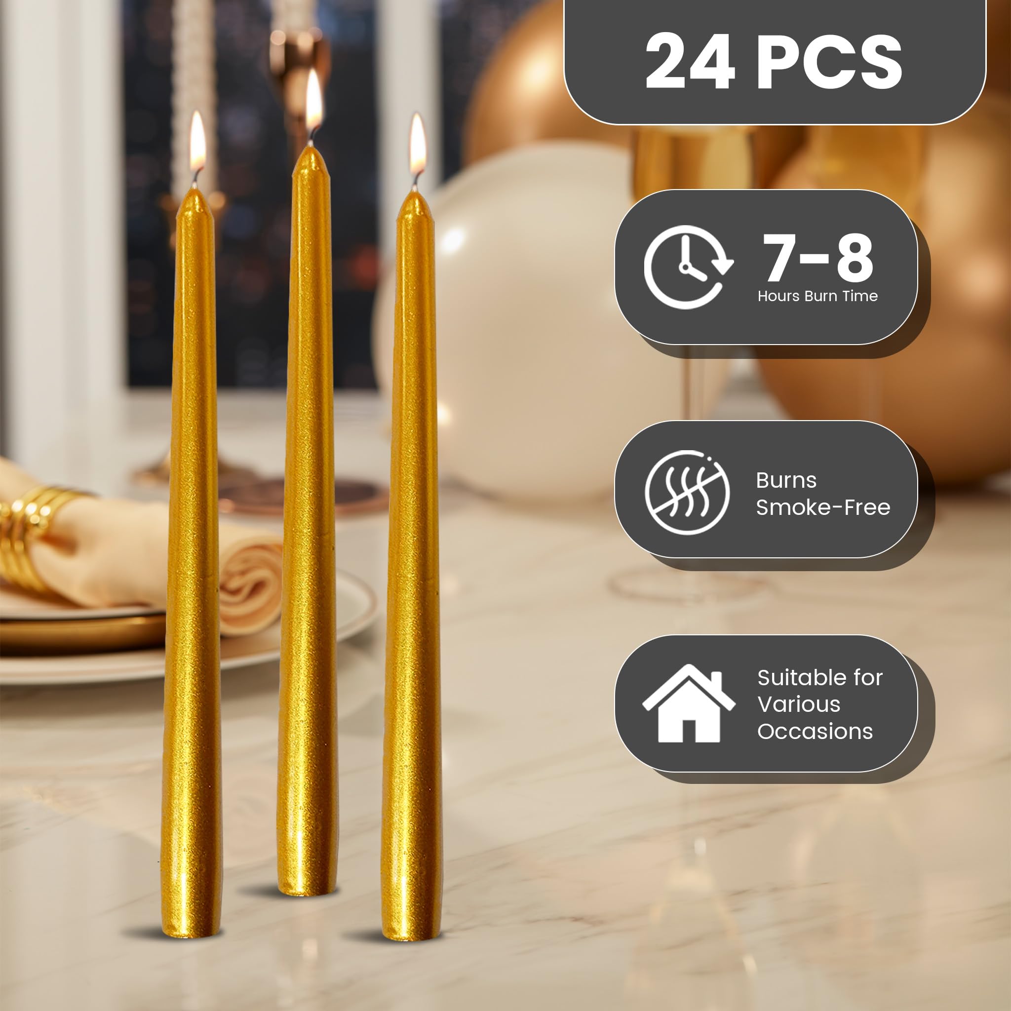OSHINE Confezione da 24 candele coniche dorate, candele lunghe 25,4 cm, antigoccia, non profumate, senza fumo e di emergenza, 7 ore di combustione, candele alte ideali per matrimoni, cene, feste