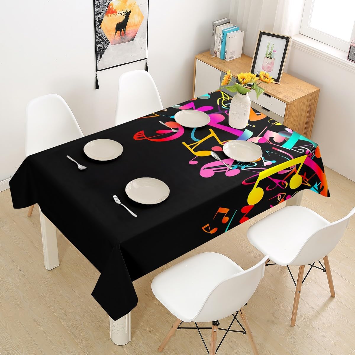 Colorful Musical Notes Tablecloths Round 55" Modern Rock Table Cover,Pop Music Themed Table Clothes Watercolor Abstract Note Table Accessories Fashion Table Cloth for Teens Youth Man Black