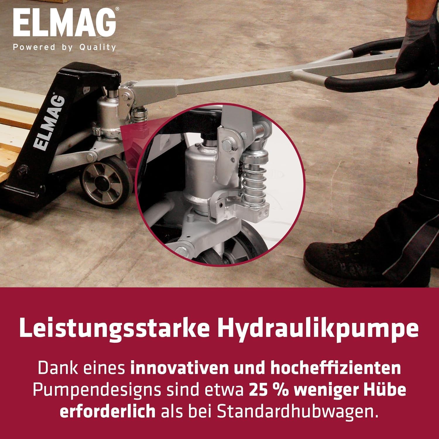Elmag Handhubwagen HW 2500 Hubwagen mit 2500 kg Tragkraft, 1150 mm Gabellänge, 540 mm Gabelbreite Palettenwagen mit Gummirädern & Polyurethan-Tandemrollen Gabelhubwagen für mühelosen Transport