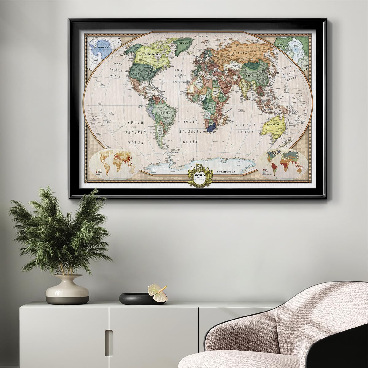 Renditions Gallery Executive National Geographic - Mapa de viaje con pasadores para pared para sala de estar, dormitorio, oficina, 24 x 34, color negro