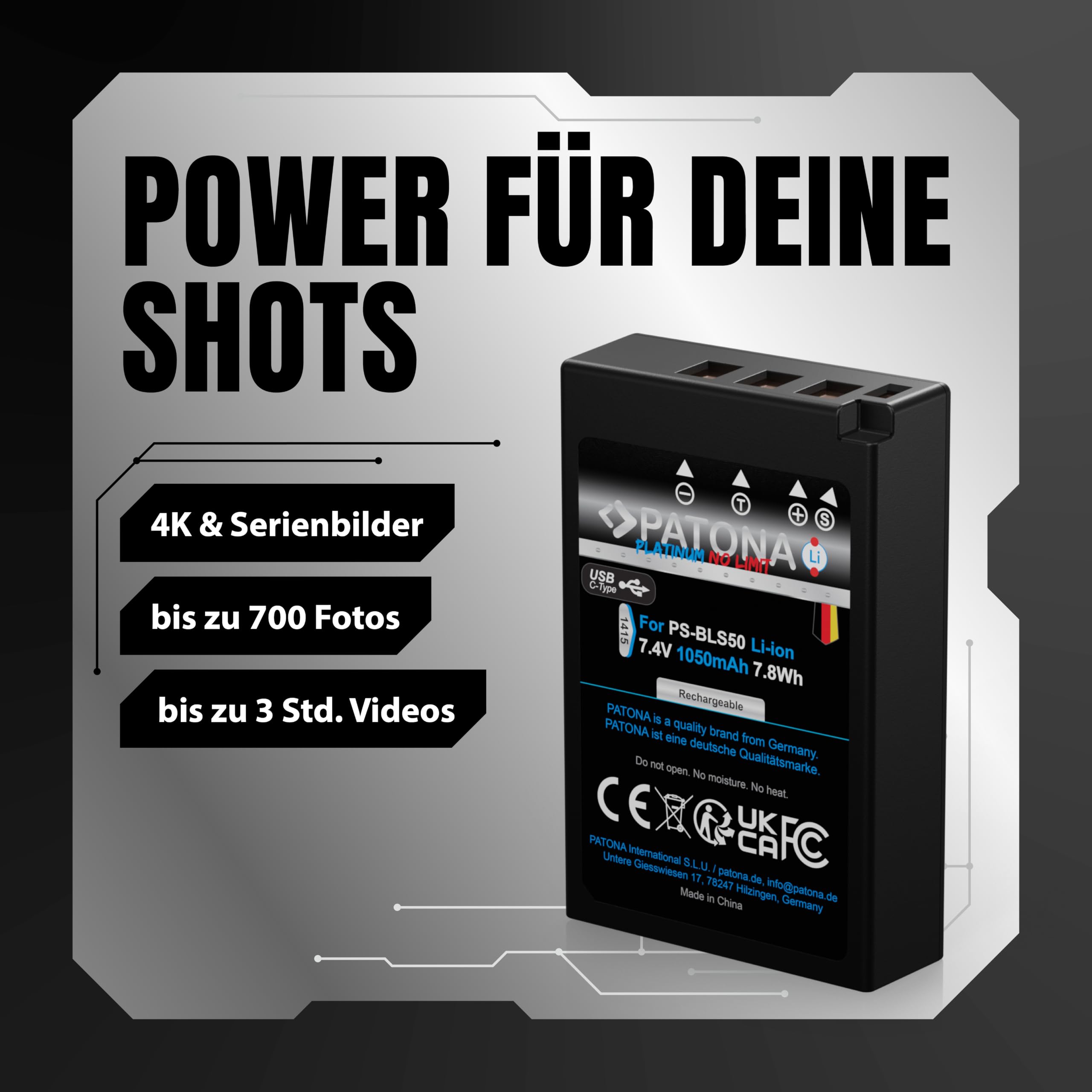 PATONA USB-C Platinum Akku Ersatz für Olympus BLS-5 BLS-50 Battery 1050mAh | Ersatzakku für E‑450 OM-D E-M10 Mark II III IV Pen E-P3 E-PL2-E-PL9 Pen PM1 PM2 Stylus 1– direkt am Akku Laden