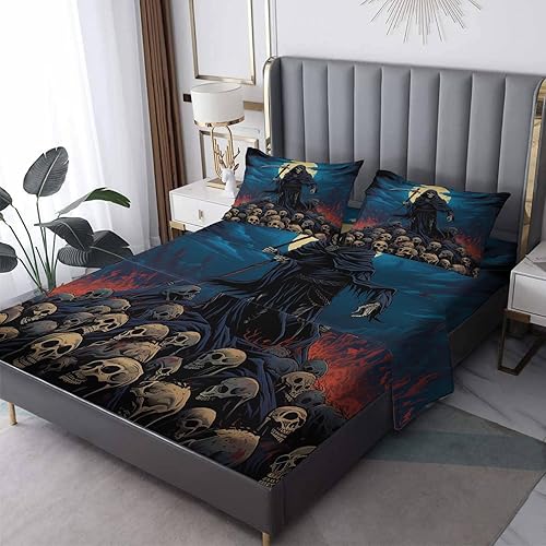 zcsm Grim Reaper - Juego de sábanas tamaño King, sábanas de calavera de terror, microfibra suave y bolsillo profundo, sábanas y fundas de almohada