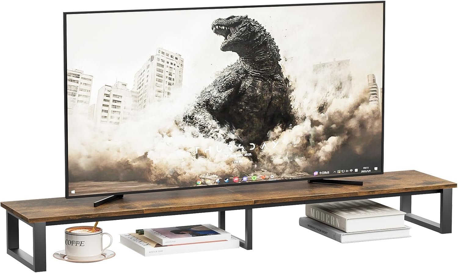 aboxoo 59" Large TV Riser Stand for 32-75 Inch TV, TV Shelf with Steel Legs, Tabletop TV Riser for Home Living Room, Study Office (Brown)