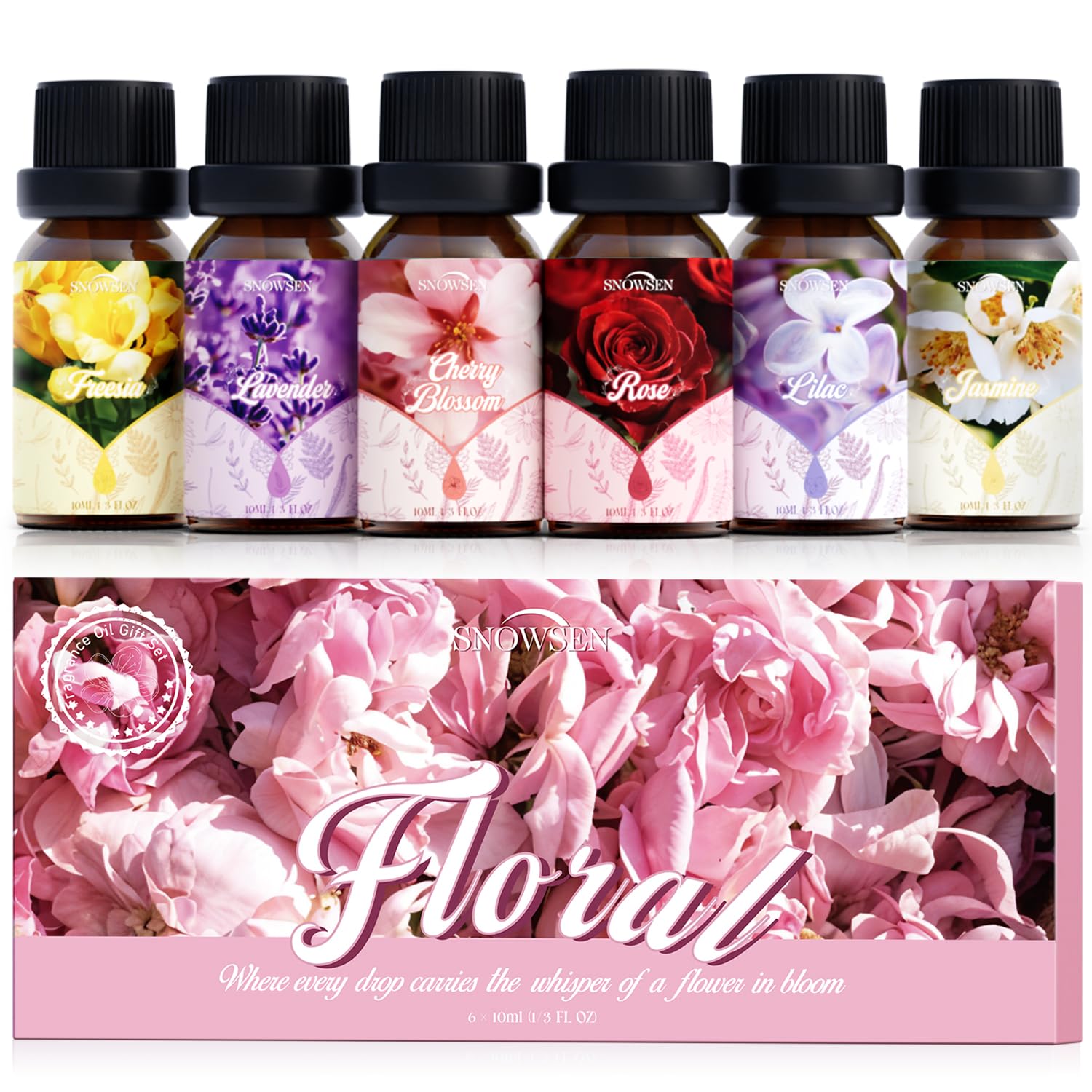 Floral Essential Oil Set, Premium Essential Oils for Diffusers for Home, Includes Lilac, Freesia, Jasmine, Cherry Blossom, Rose and Lavender Candle Scents for Candle Making, DIY Soaps,Cleaning