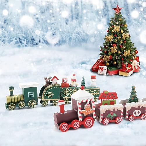 MVNISE Adorno de tren de madera de Navidad, mini decoración de tren pintado, juguetes de regalo para niños, adorno de mesa de Navidad para fiesta de
