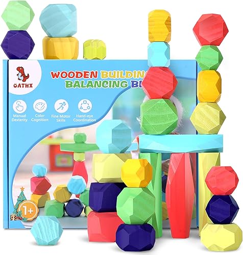 oathx Montessori Toys Bloques de madera para niños pequeños de 1 a 3 años, 28 piezas de bloques de construcción de piedras apilables extragrandes,