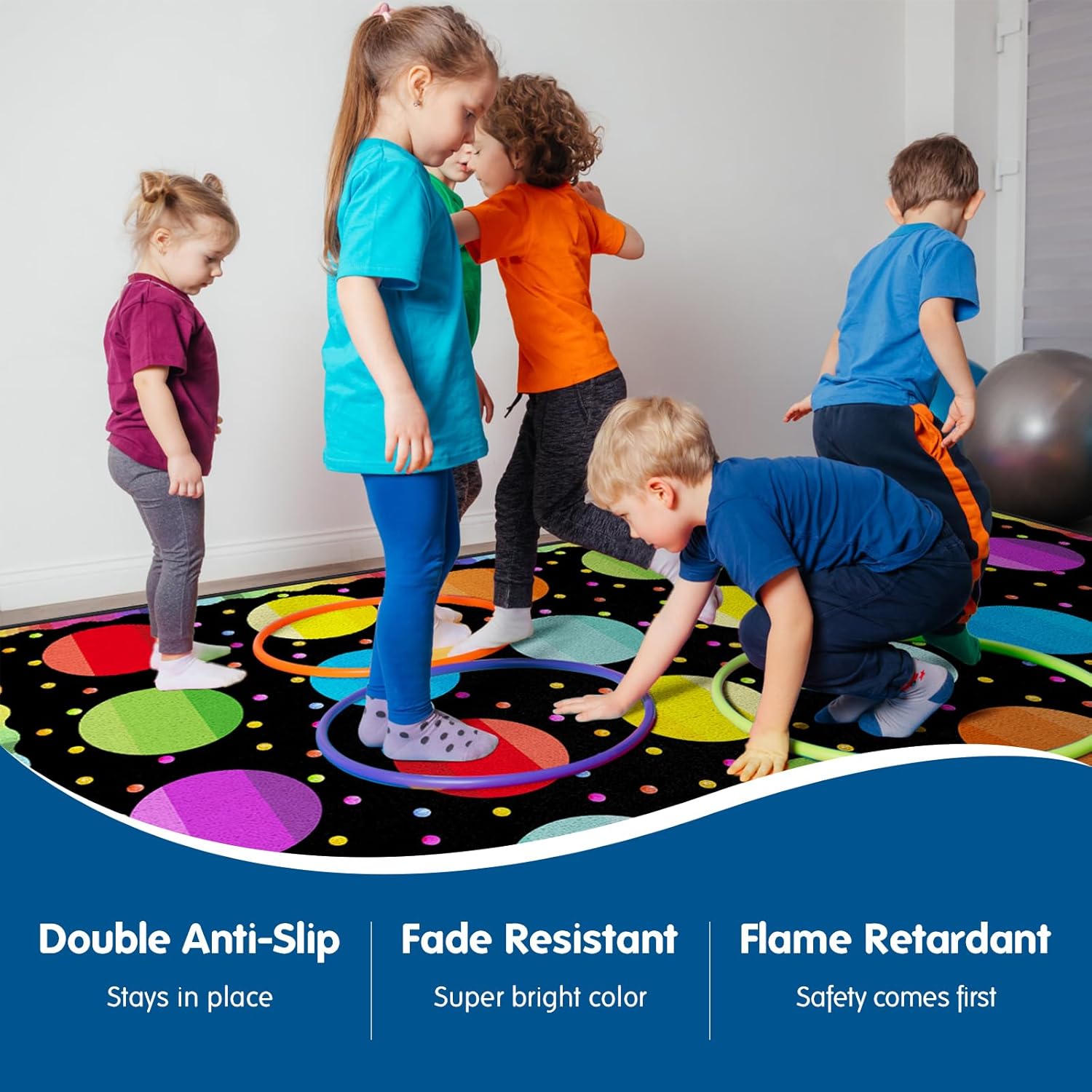 Boooooom Jackson Classroom Rug - 7'6''x13'12'' Rainbow Seating Dots Preschool Classroom Carpet, Non-Slip & No-Trip Edges, Vibrant Colors for Kids Playroom Floor Mat