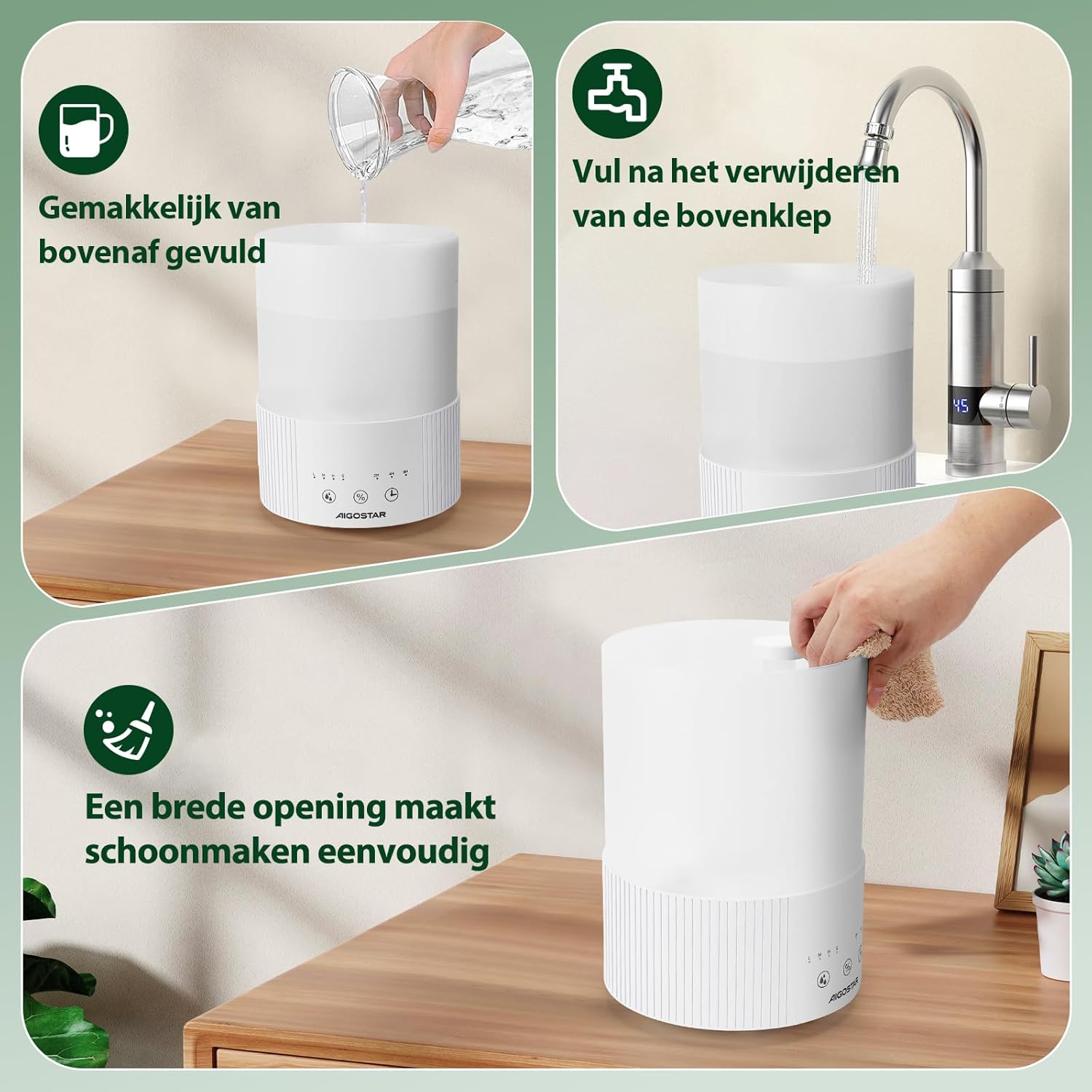 Images showing easy top-fill and wide opening for cleaning of the Aigostar Misty Humidifier.