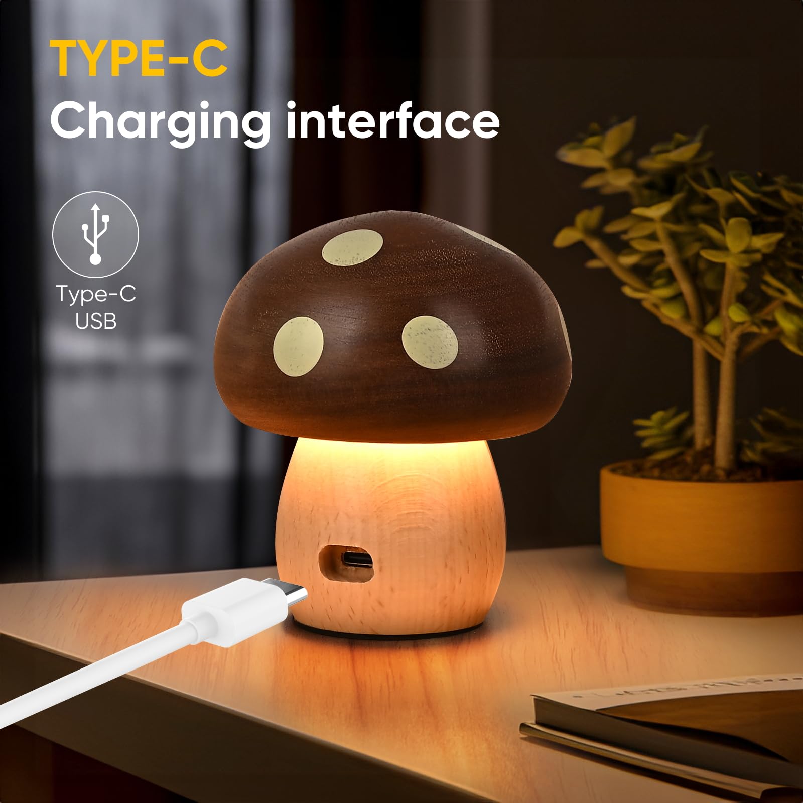 LONRISWAY Paquete de 2 lámparas de mesa de madera de hongo pequeño, lámparas LED recargables inalámbricas táctiles, luz nocturna inalámbrica de atenuación continua, lámpara de batería portátil para