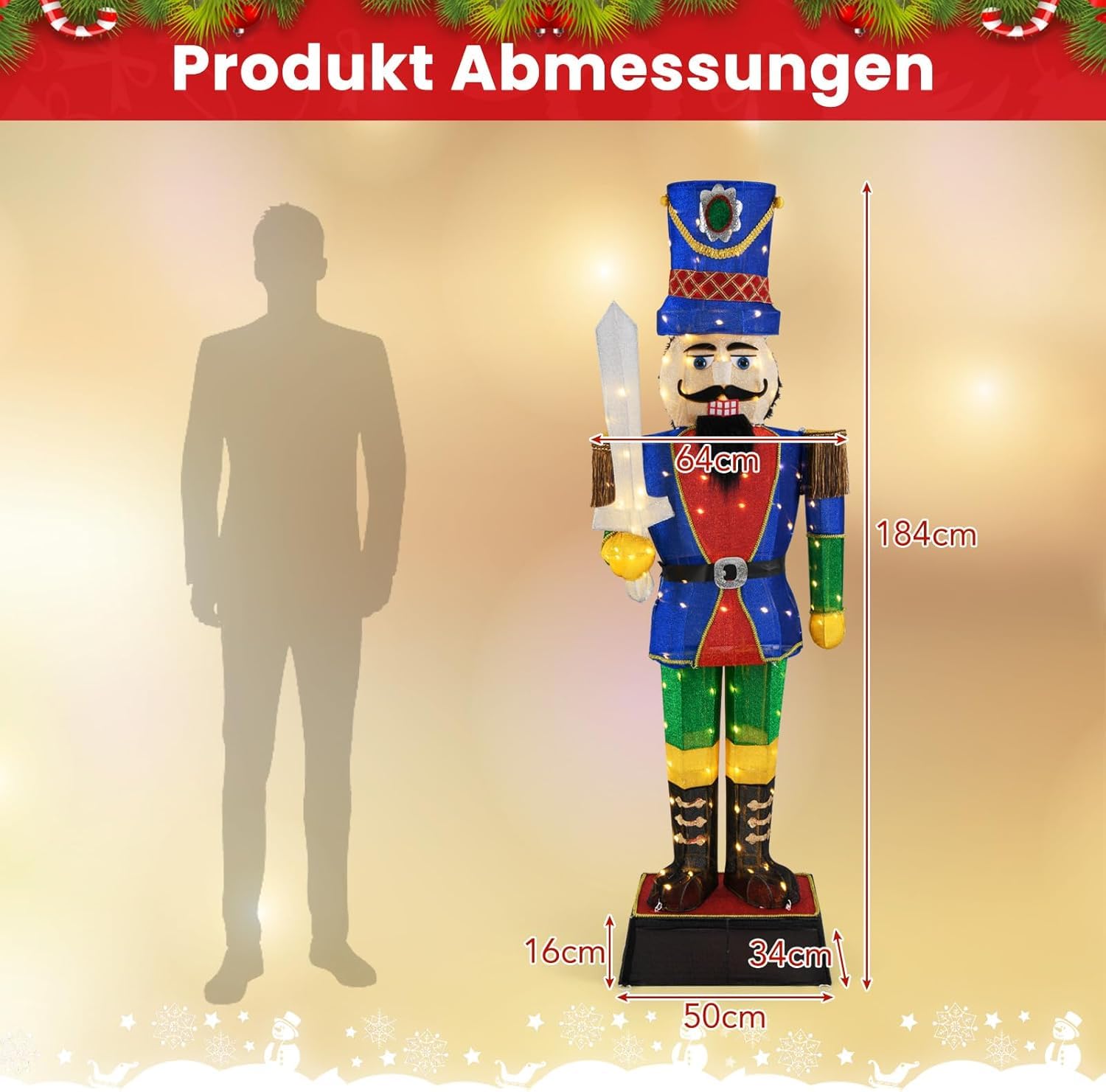 GOPLUS Weihnachten Nussknacker Figur groß, beleuchtete Weihnachtsdeko XXL, 184 cm Weihnachtsfigur mit LED-Lichtern, Weihnachtsdekoration Nussknacker mit Schwert, Weihnachtsbeleuchtung für innen, außen