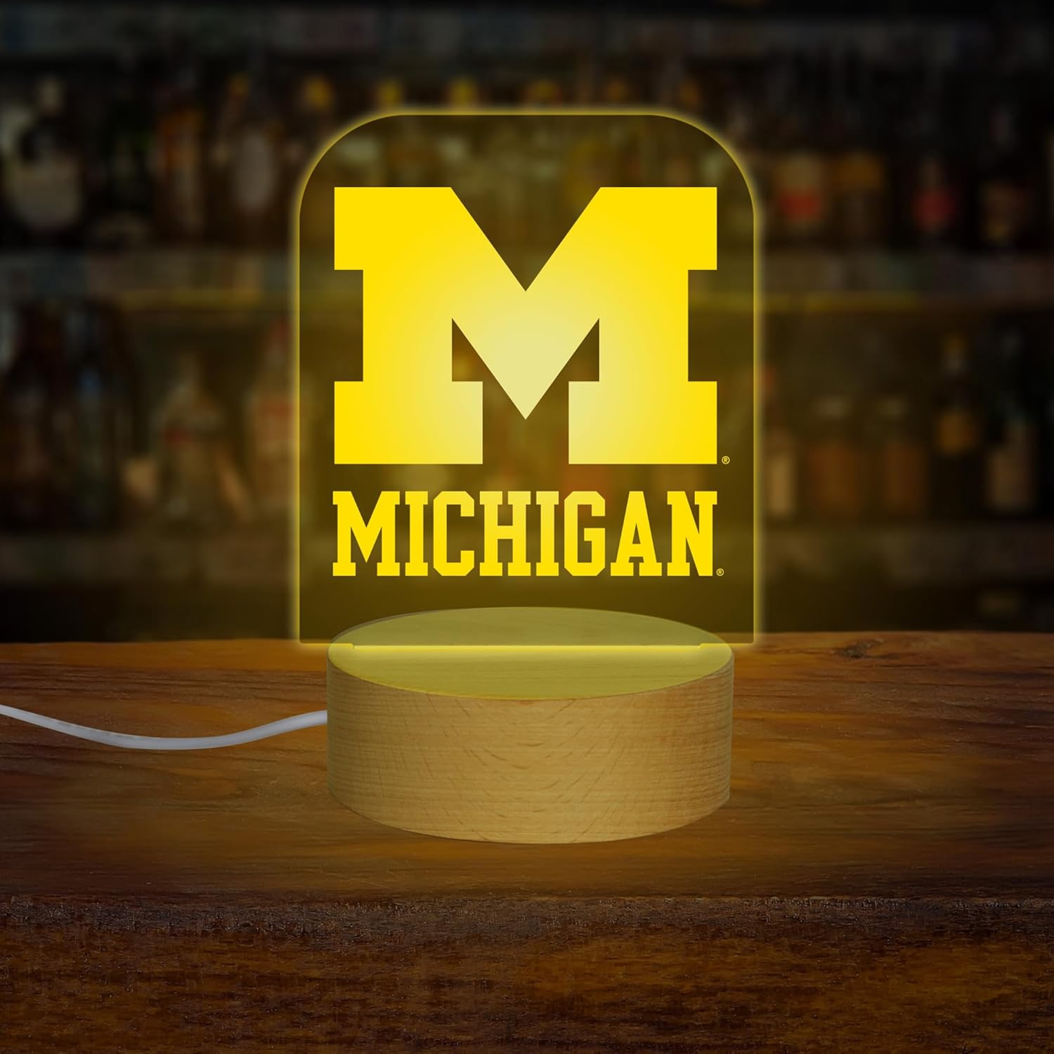 Rico Industries NCAA Michigan Wolverines Team Logo LED Desk Light Up Sign, 7 Color Changing LED Night Light, Wood Base with USB Cord Included, Ideal for Home and Desktop Decoration