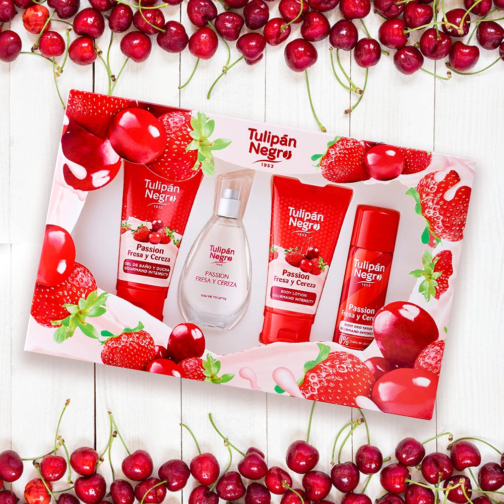 Tulipan Negro Passion Fresa & Cereza, Body Wash, Eau De Toilette, Body Lotion, Deodorant Gift Set